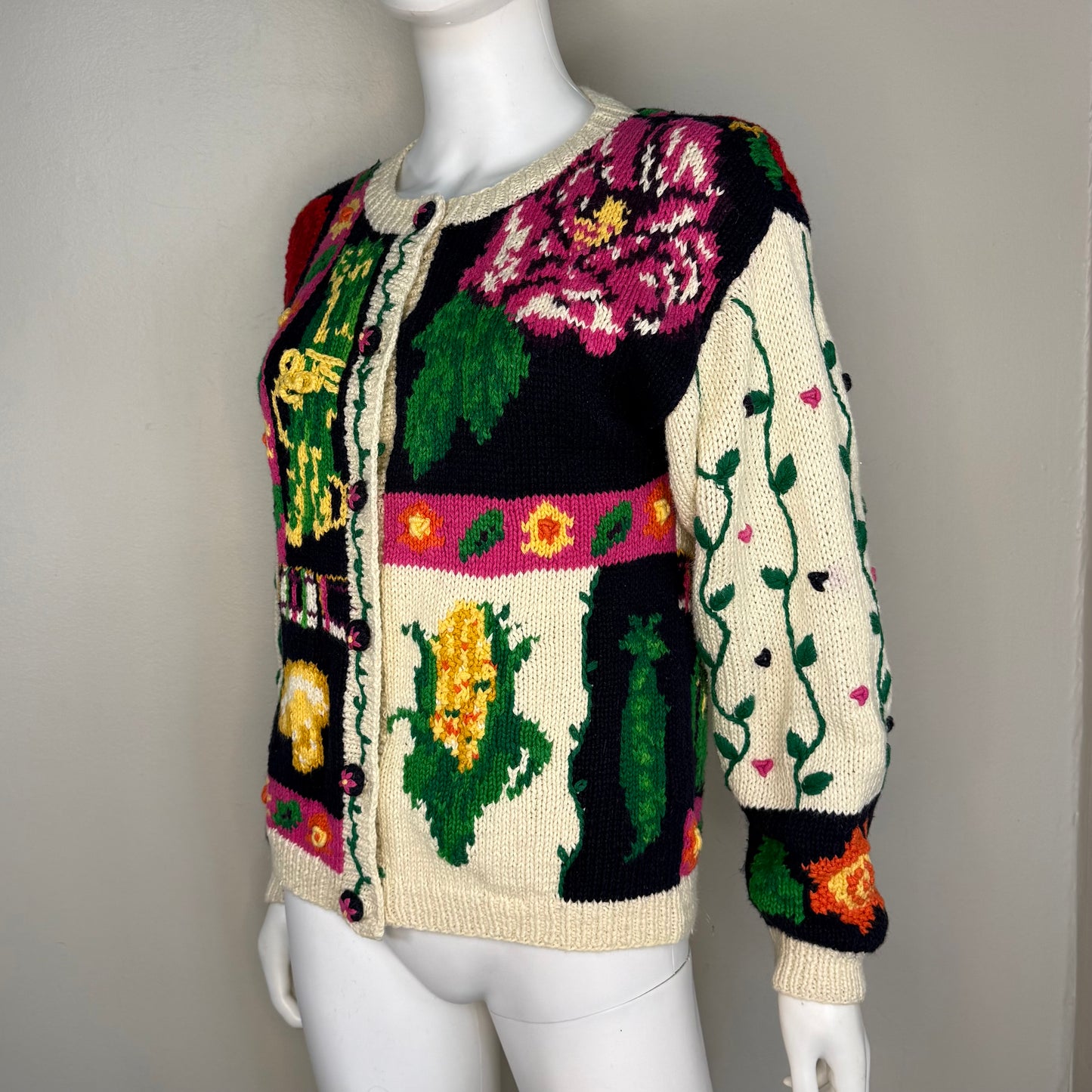 1990s Hand Knit Fruit and Vegetable Cardigan Sweater, The Eagle’s Eye Size Medium, 1991