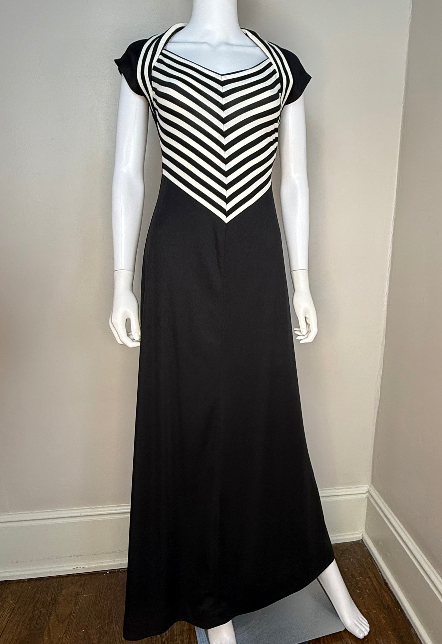 1970s Black and White Stripe Maxi Dress, Patricia Fair Size XS, Cut Out Open Back