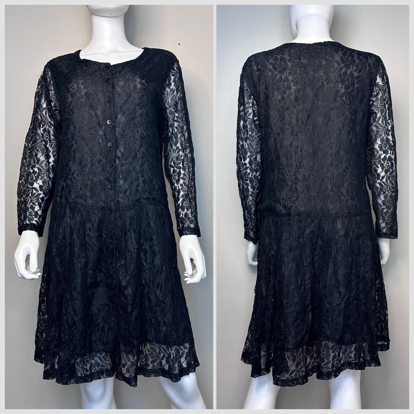 1990s Black Lace Drop Waist Dress, Passports of Pier 1 Imports Size Medium, 90s does 20s, Whimsy Goth