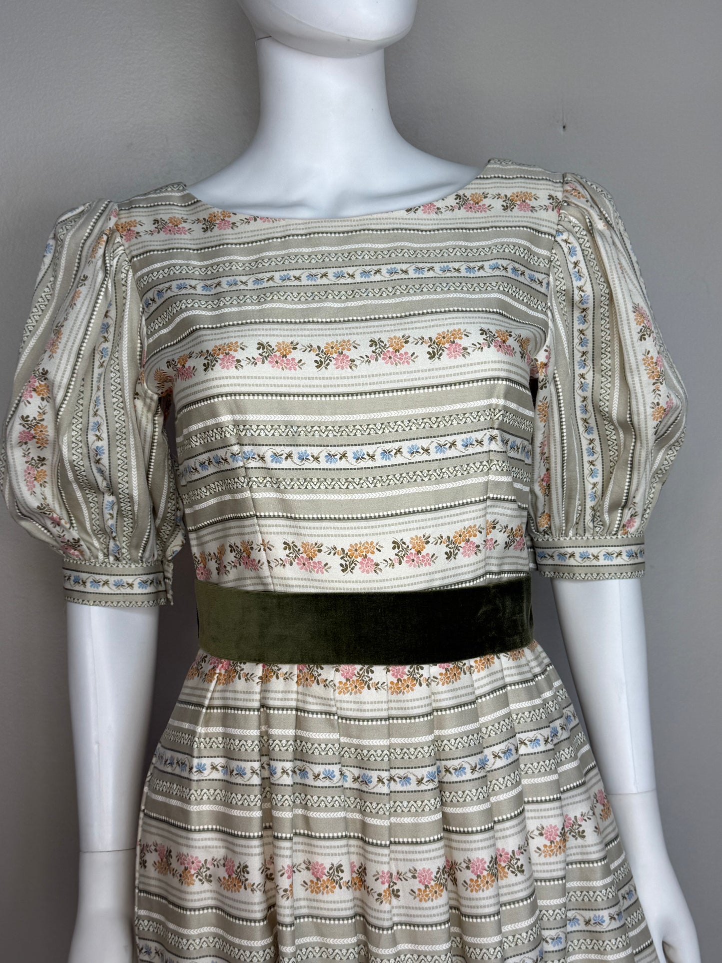 1970s/80s Floral Stripe Dress with Big Puff Sleeves, Lanz Size Small