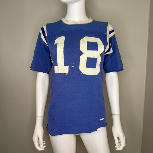 1960s Blue Cotton Jersey T-Shirt, HaneSport Size Small, No. 18, Distressed