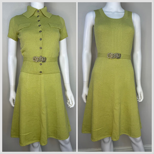 1960s/70s St John Knits Green Sleeveless Sweater Dress and Matching Short Sleeve Cardigan, Size XS-Small
