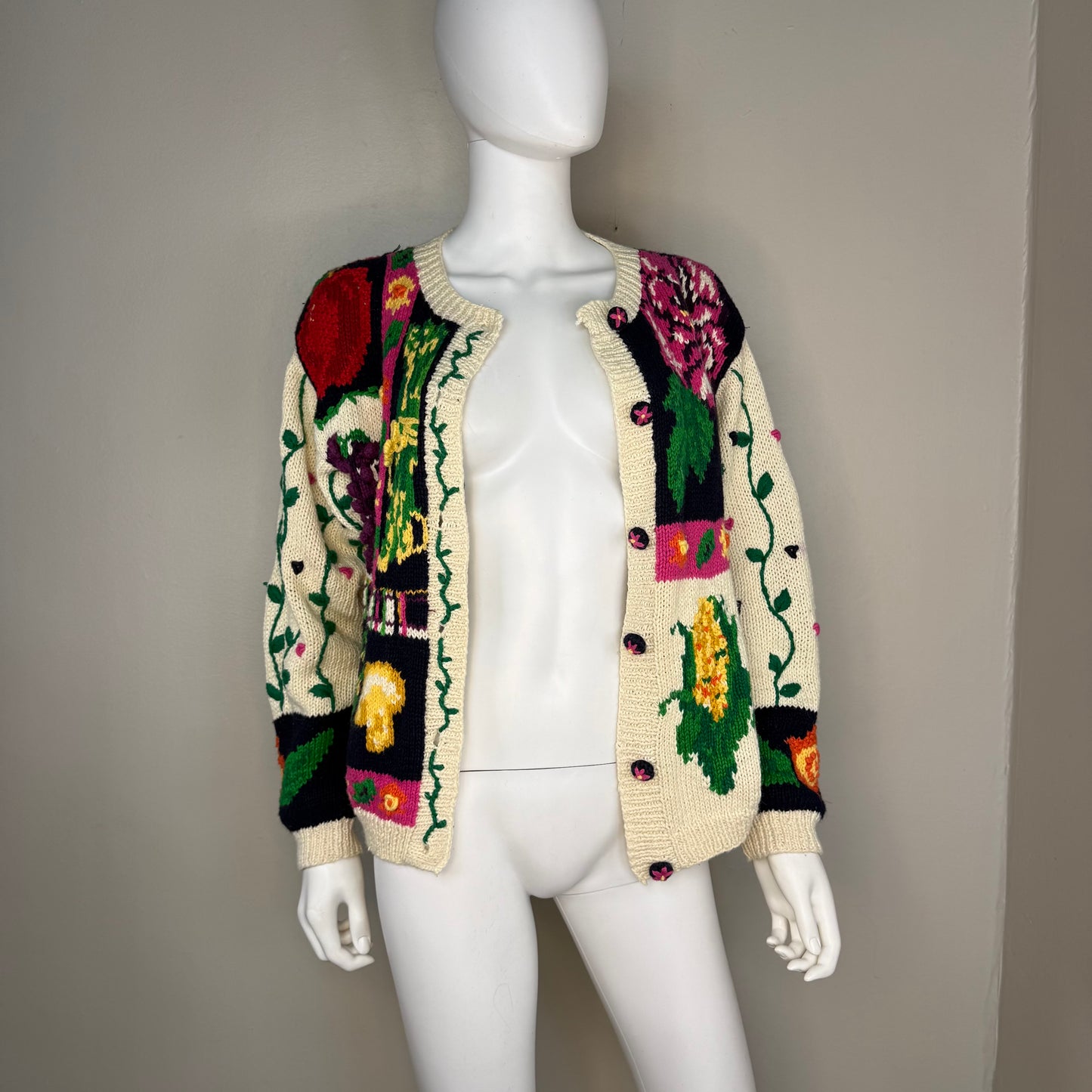 1990s Hand Knit Fruit and Vegetable Cardigan Sweater, The Eagle’s Eye Size Medium, 1991