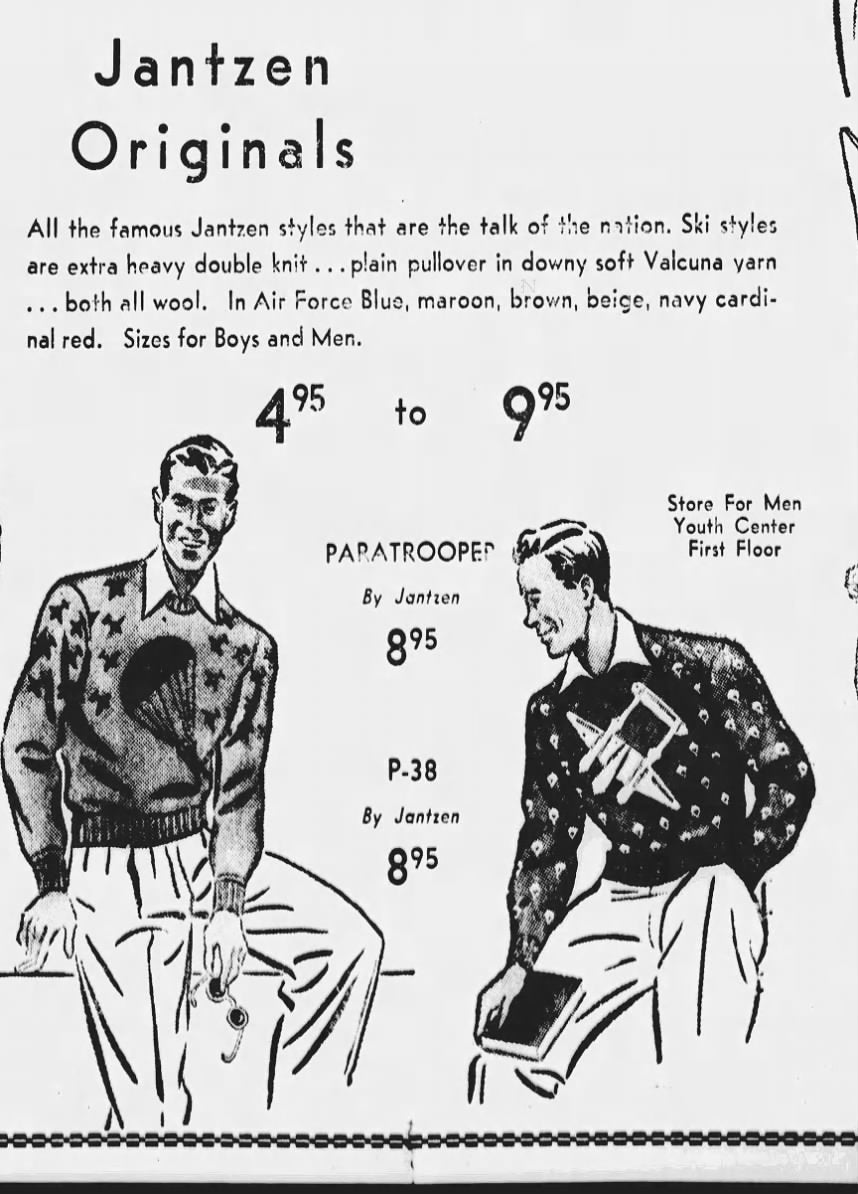 1940s Jantzen P-38 Sweater, Blue, Size 40, WW2 Fighter Jet Plane Novelty Knit