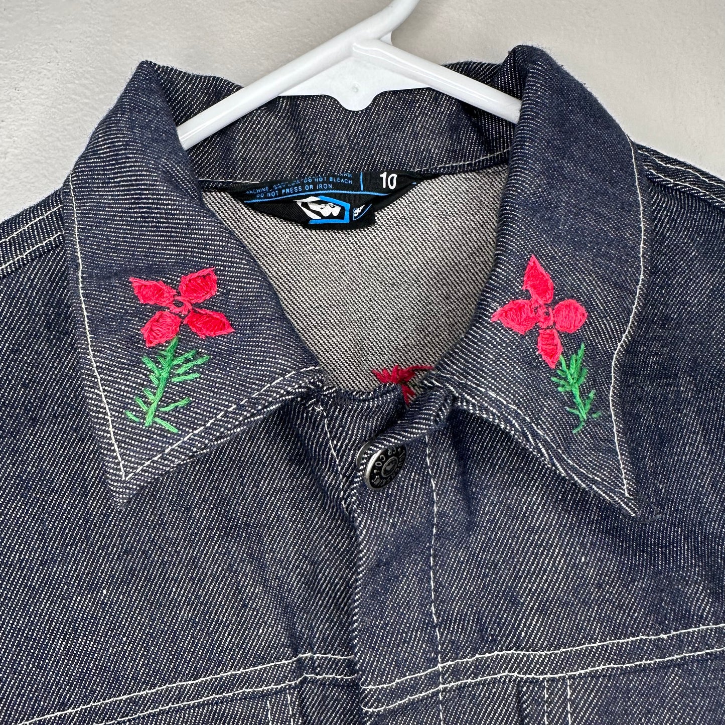 1970s Kids Blue Jean Jacket with Hand Stitched Embroidery, Toughskins Denim, Sears Boys Size 8/9