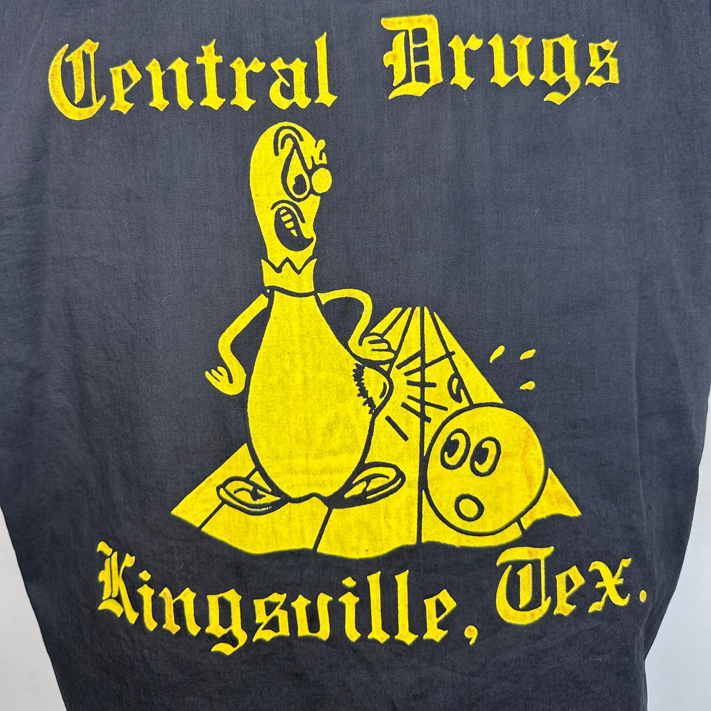 1960s Black Bowling Shirt, Size Medium, Central Drugs Kingsville Texas, Chain Stitching, Yellow Flocked