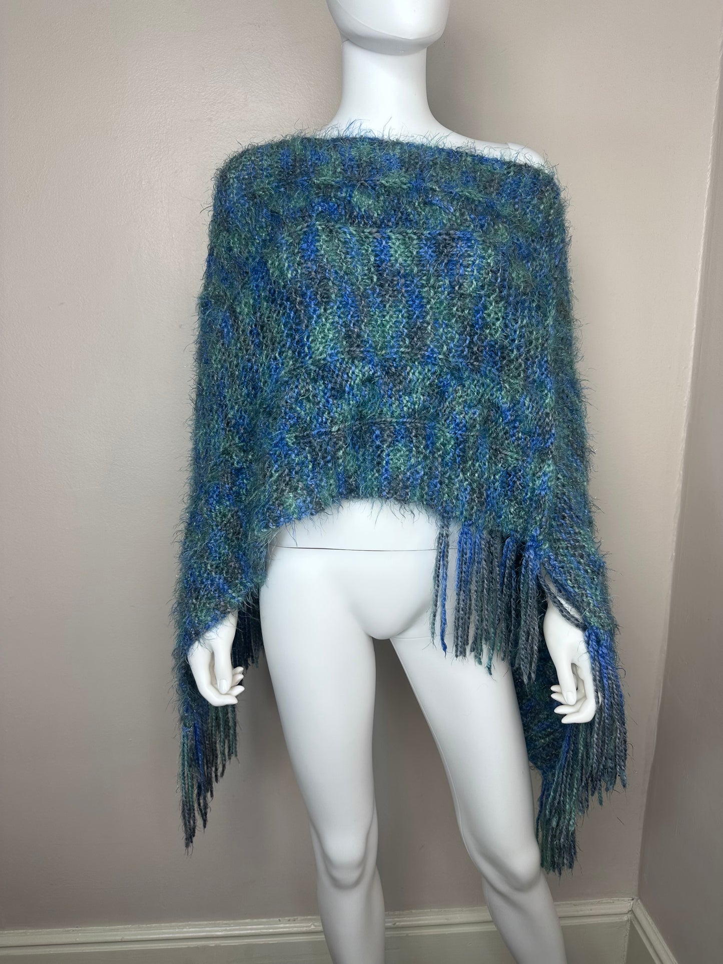 Vintage Blue and Green Space Dye Shawl, Handmade, One Size, Poncho, Cape