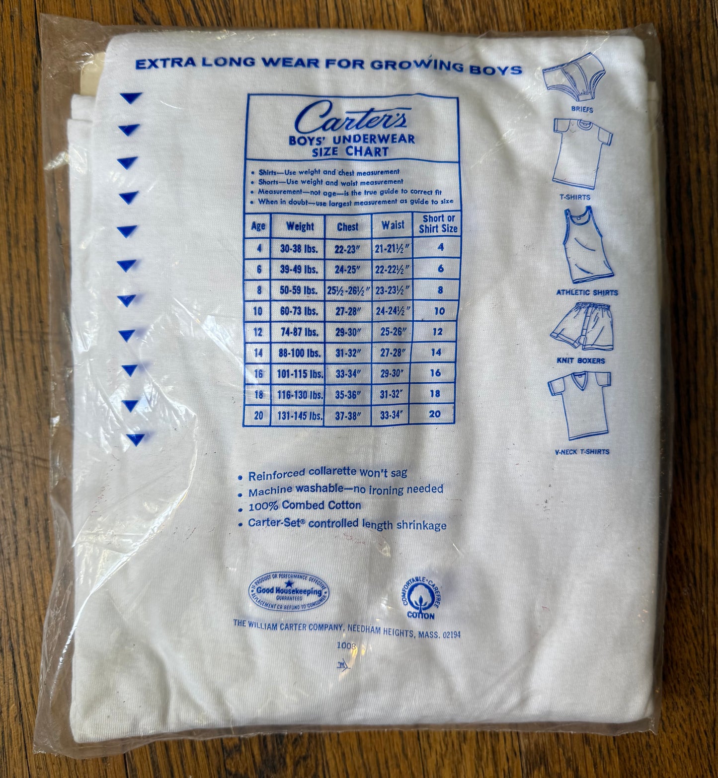 1960s Carter’s Undershirts, White, Boys’ T-Shirts, Size 20 Youth XL, New Old Stock in Package, Pack of 3