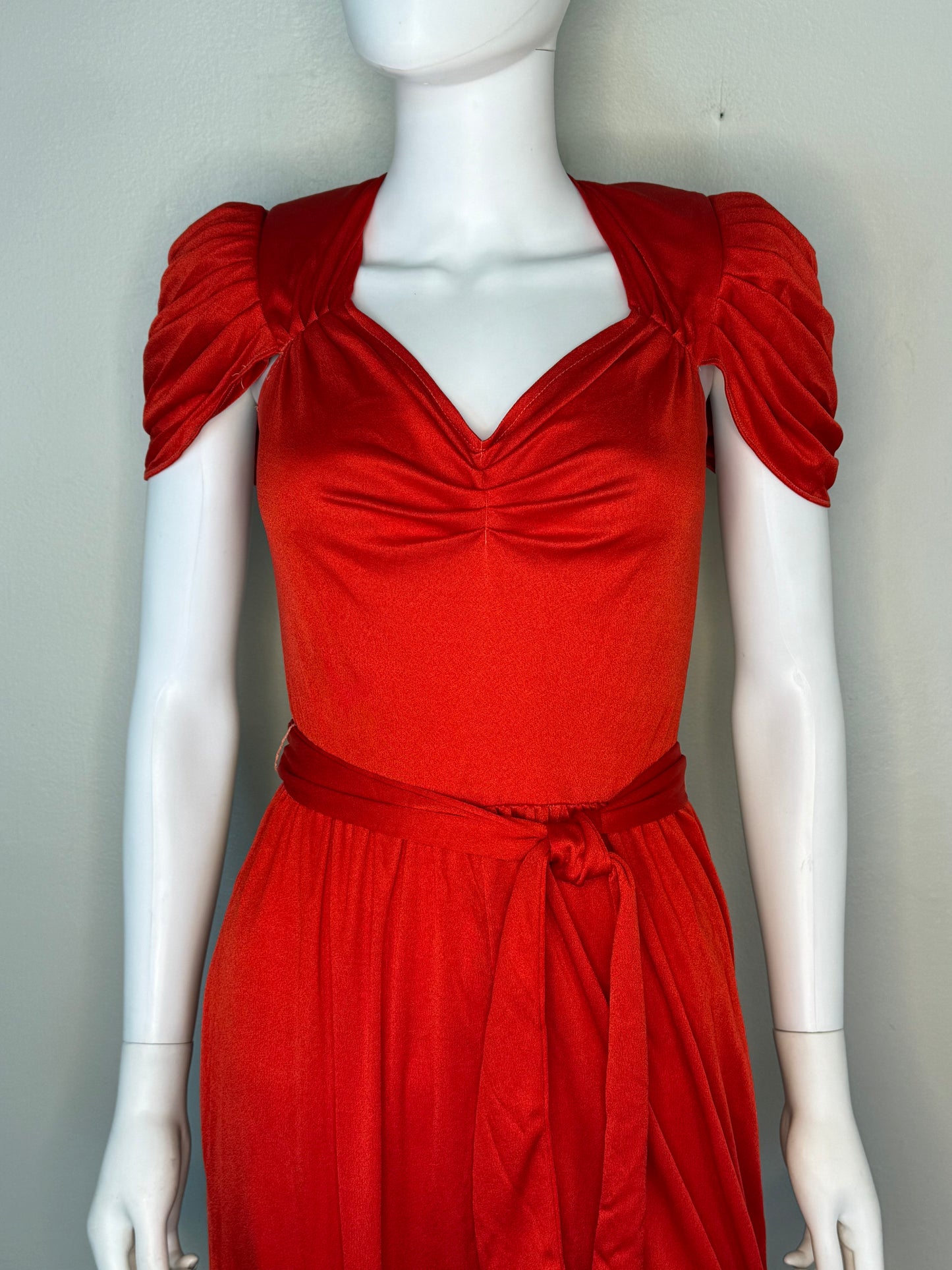 1970s/80s Red Disco Jumpsuit, Size XS/Small, Shiny, Ruching, Open Back