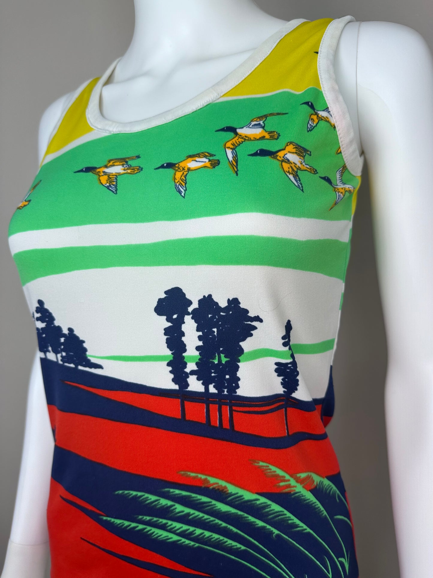 1970s Polyester Tank Top, Size Small, Psychedelic Flying Ducks All Over Print