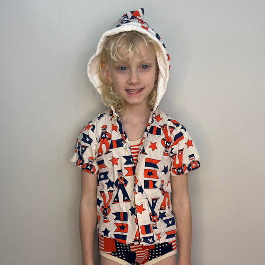 1960s/70s Kids’ Hooded Beach Shirt, Sailor Novelty Print, Sears Size 4/5