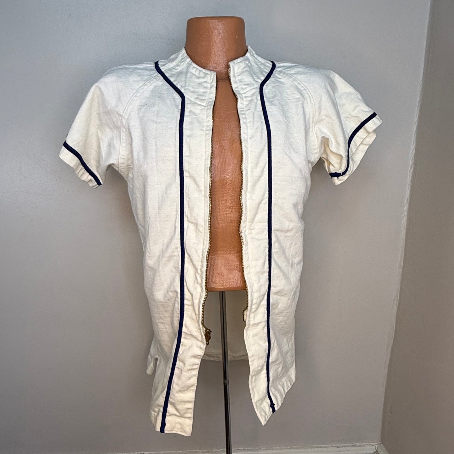 1950s Baseball Jersey, Zip Up Shirt, Russell Southern Co Size Small, Blank White with Blue Trim