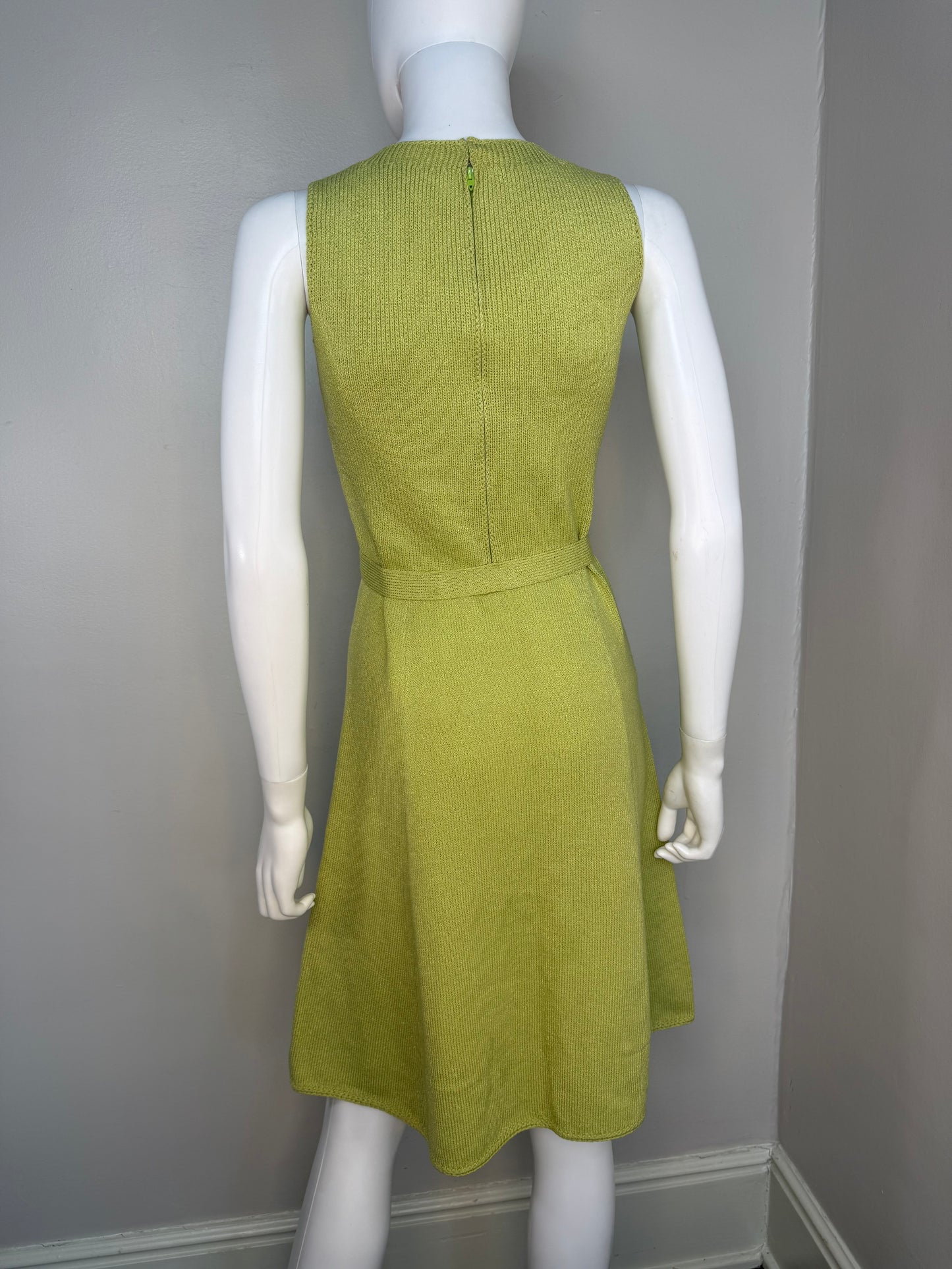 1960s/70s St John Knits Green Sleeveless Sweater Dress and Matching Short Sleeve Cardigan, Size XS-Small