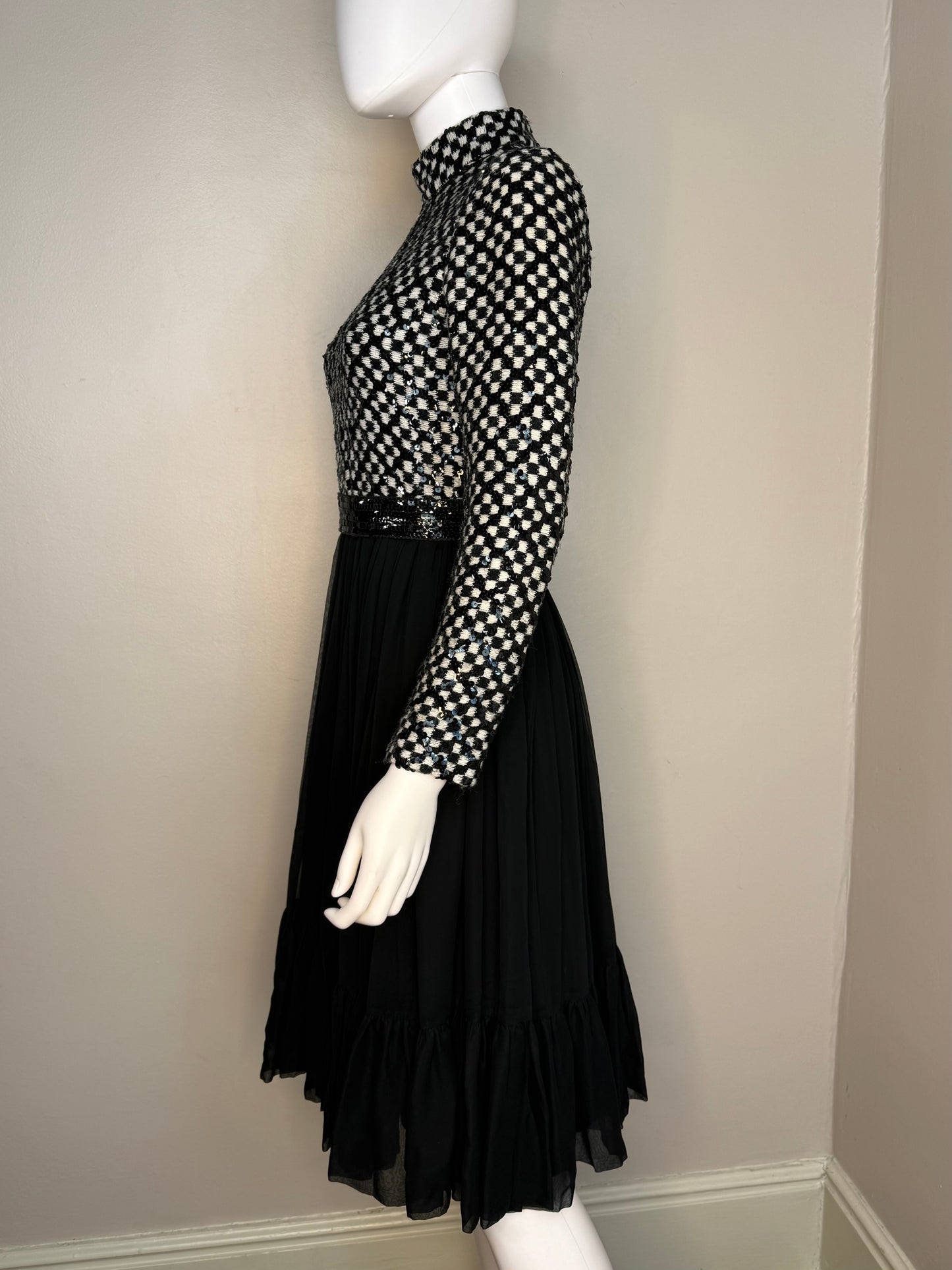 1960s/70s Sequin Mod Dress, Black and White Check, Size X-Small
