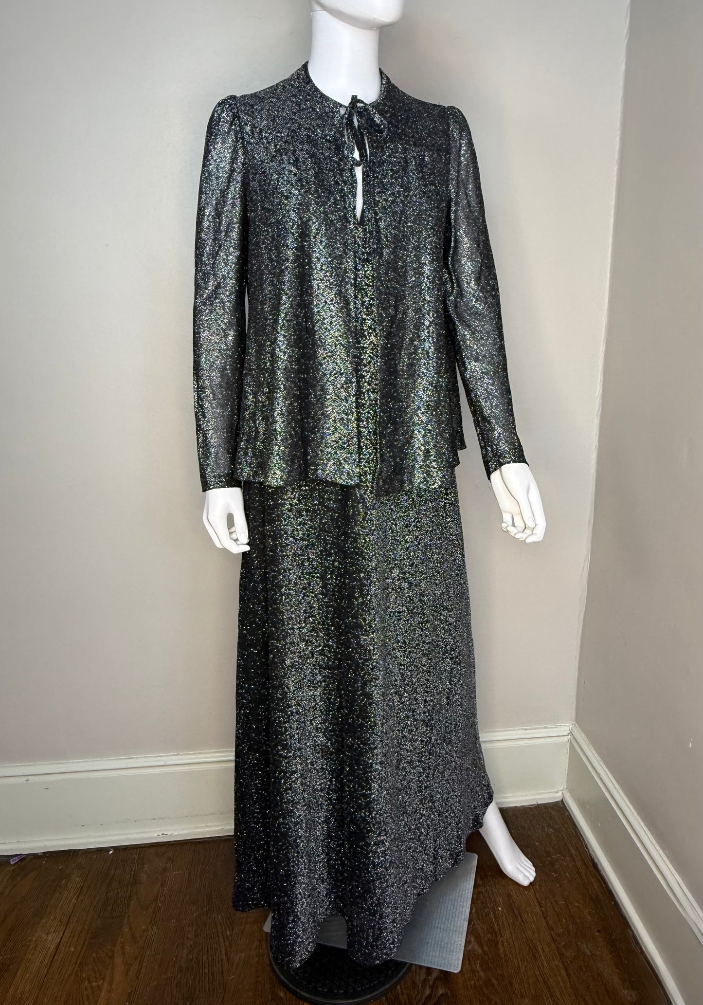 1970s Black and Silver Lurex Halter Maxi Dress with Coverlet, Tie Front Blouse, Corky Craig Size XS