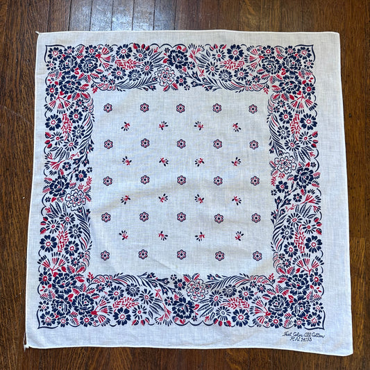 1960s/70s White Floral Bandana, RN 14193, 21.5" x 22", Selvage Edge