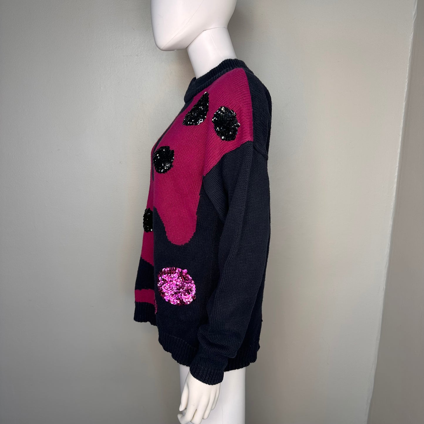 1990s Pink and Black Abstract Sweater with Sequins, All Points by Reference Point Size Medium