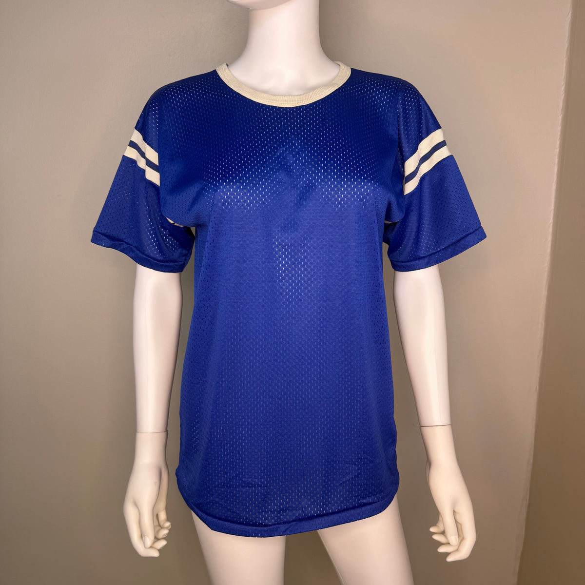1970s/80s Blue Mesh Jersey T-Shirt, Hutchison Size Small, Shoulder Stripes