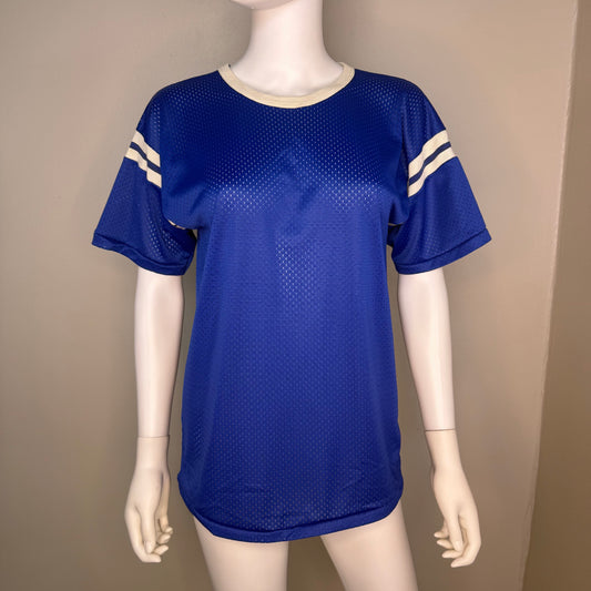 1970s/80s Blue Mesh Jersey T-Shirt, Hutchison Size Small, Shoulder Stripes