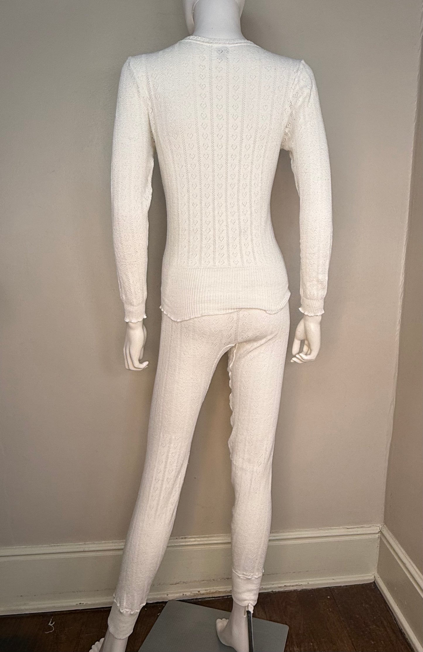 1980s White Pointelle Hearts Thermal Shirt and Pants Set, Duofold Thermax Size Medium, Long John Winter Underwear