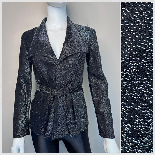 1970s Black and Silver Sparkle Disco Blouse, Size XS, Wrap, Belted, Arbor Lane