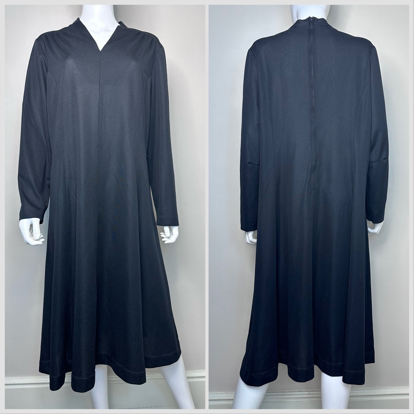 1970s Black Long Sleeve V Neck Dress, Lady Hardin Size 2X