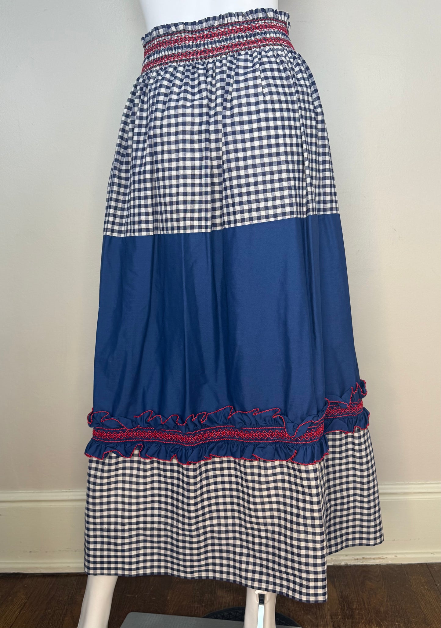 1970s Navy Blue Gingham Tiered Maxi Skirt, Handmade Size XS/Small