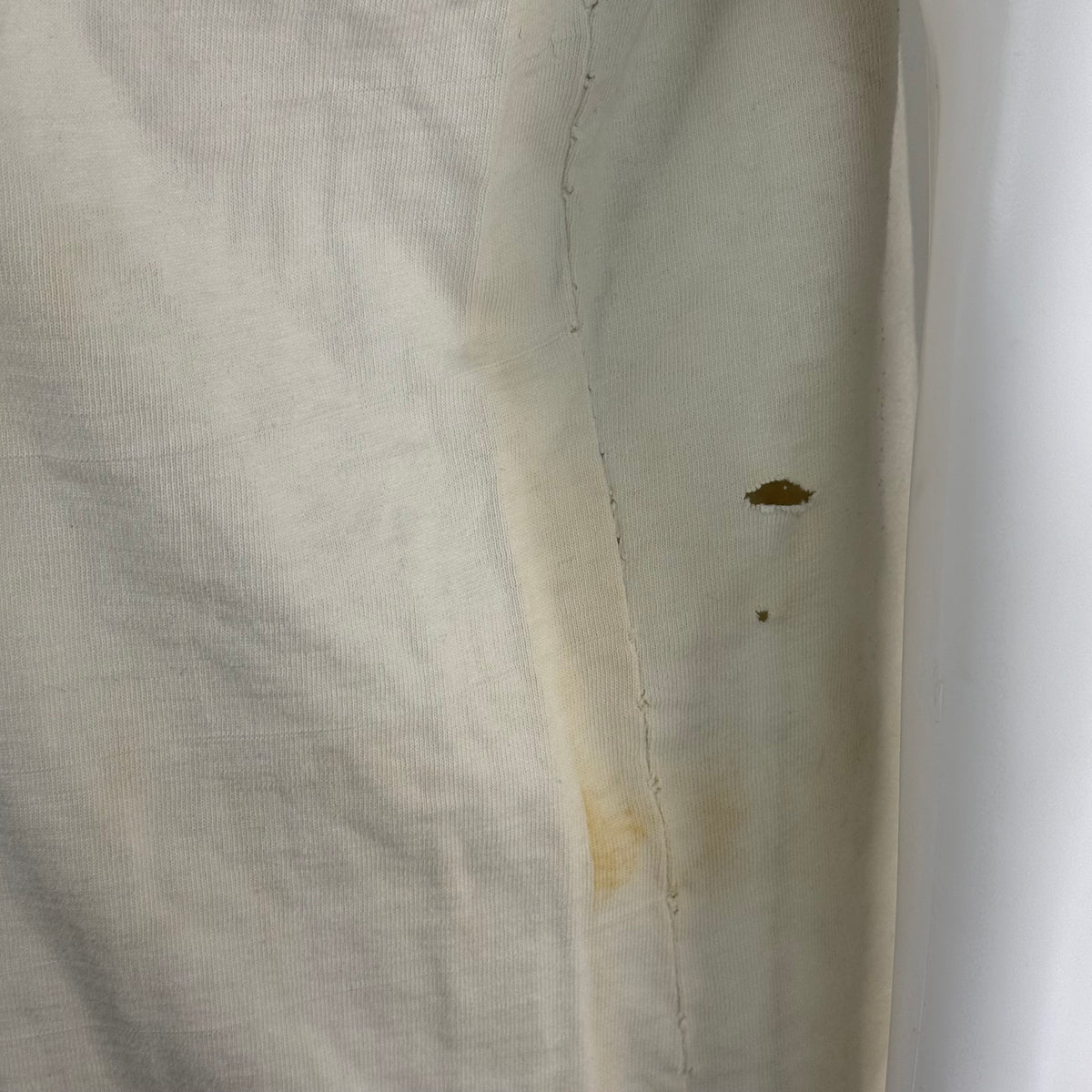 1960s White Cotton Jersey, Size Large, No 77, Chainstitch Name GANG, Very Distressed