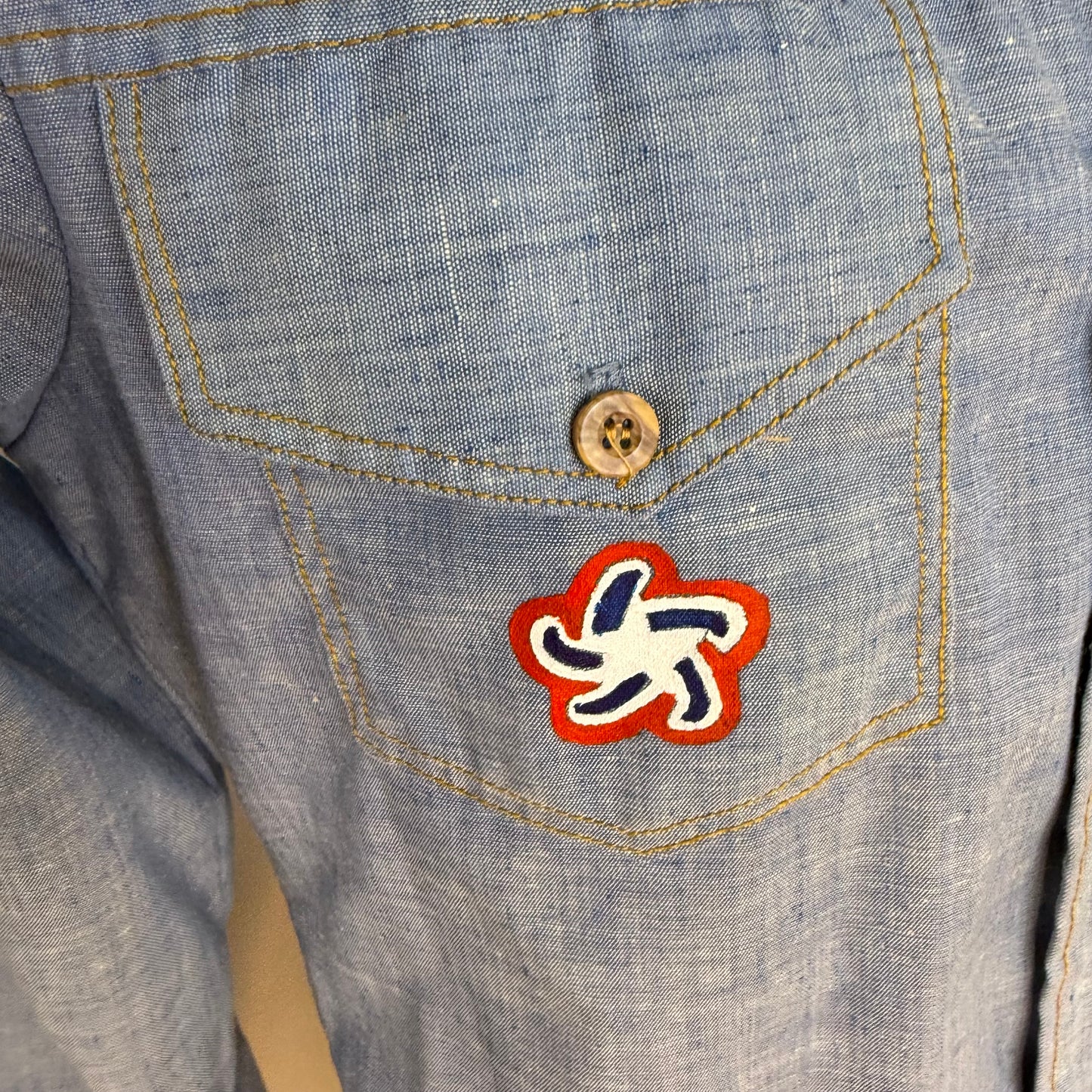 1970s Chambray Shirt, Hand Painted, 1976 USA Bicentennial Celebration, Jeans Joint Sears The Men’s Store Size Small