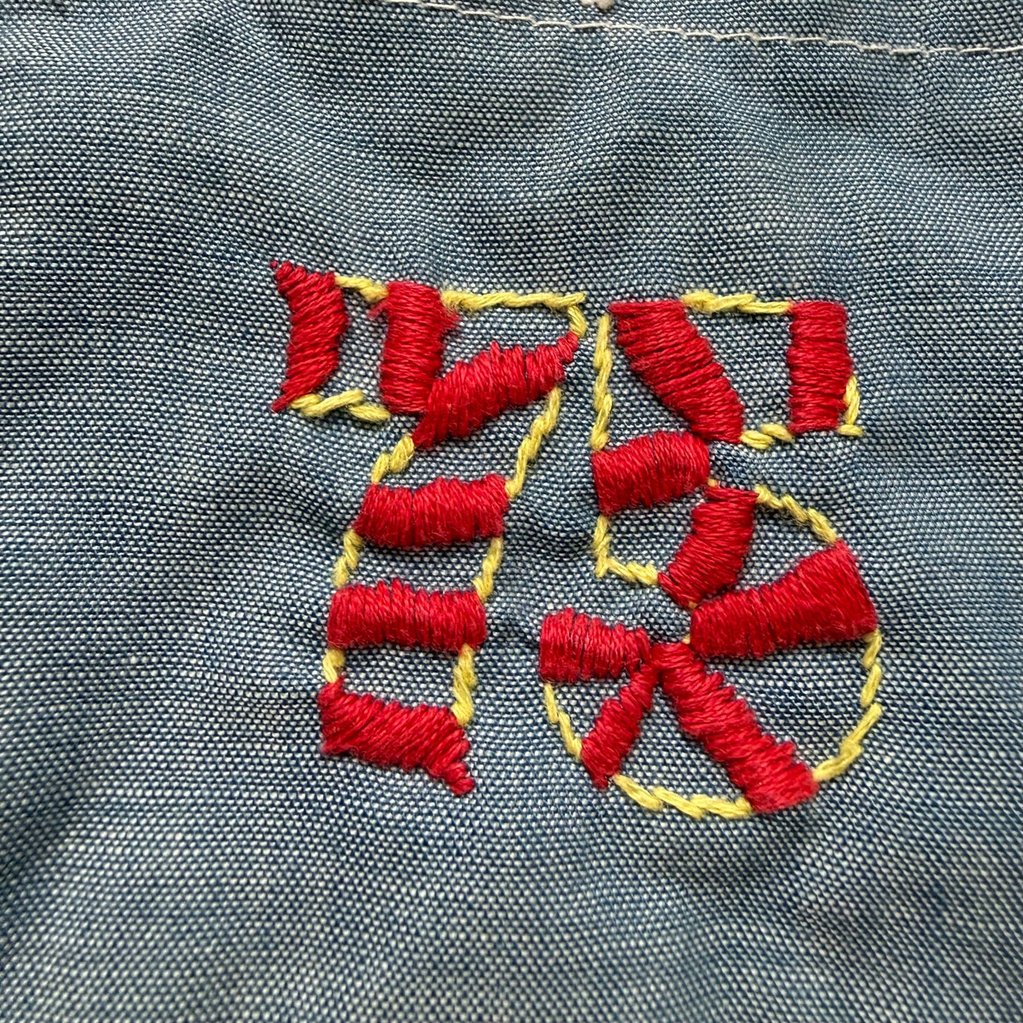 1970s Chambray Shirt with Embroidery, Size Small, Everything’s Fine, Shroom, Smiley, Hand Embroidered