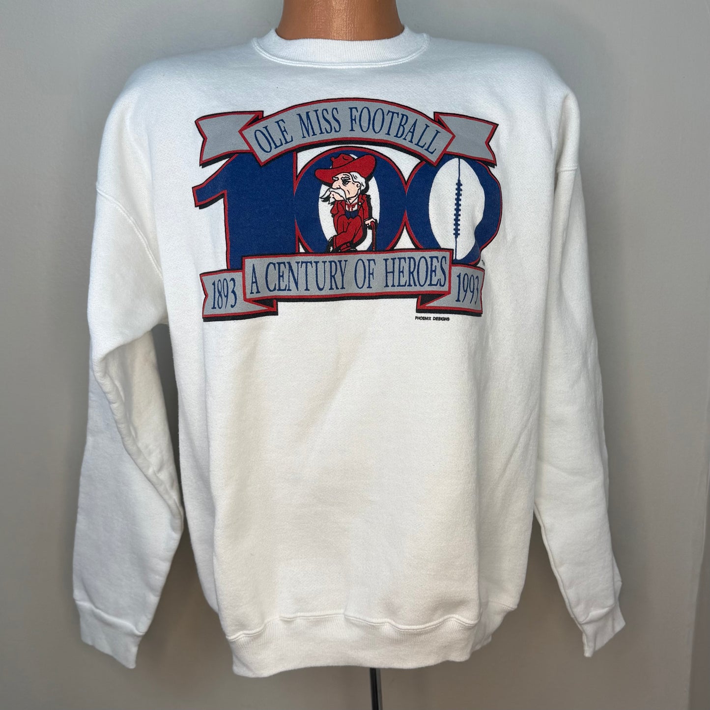 1990s Ole Miss Football 100 Sweatshirt, 1893-1993 A Century of Heroes, Colonel Reb, Hanes Size Large