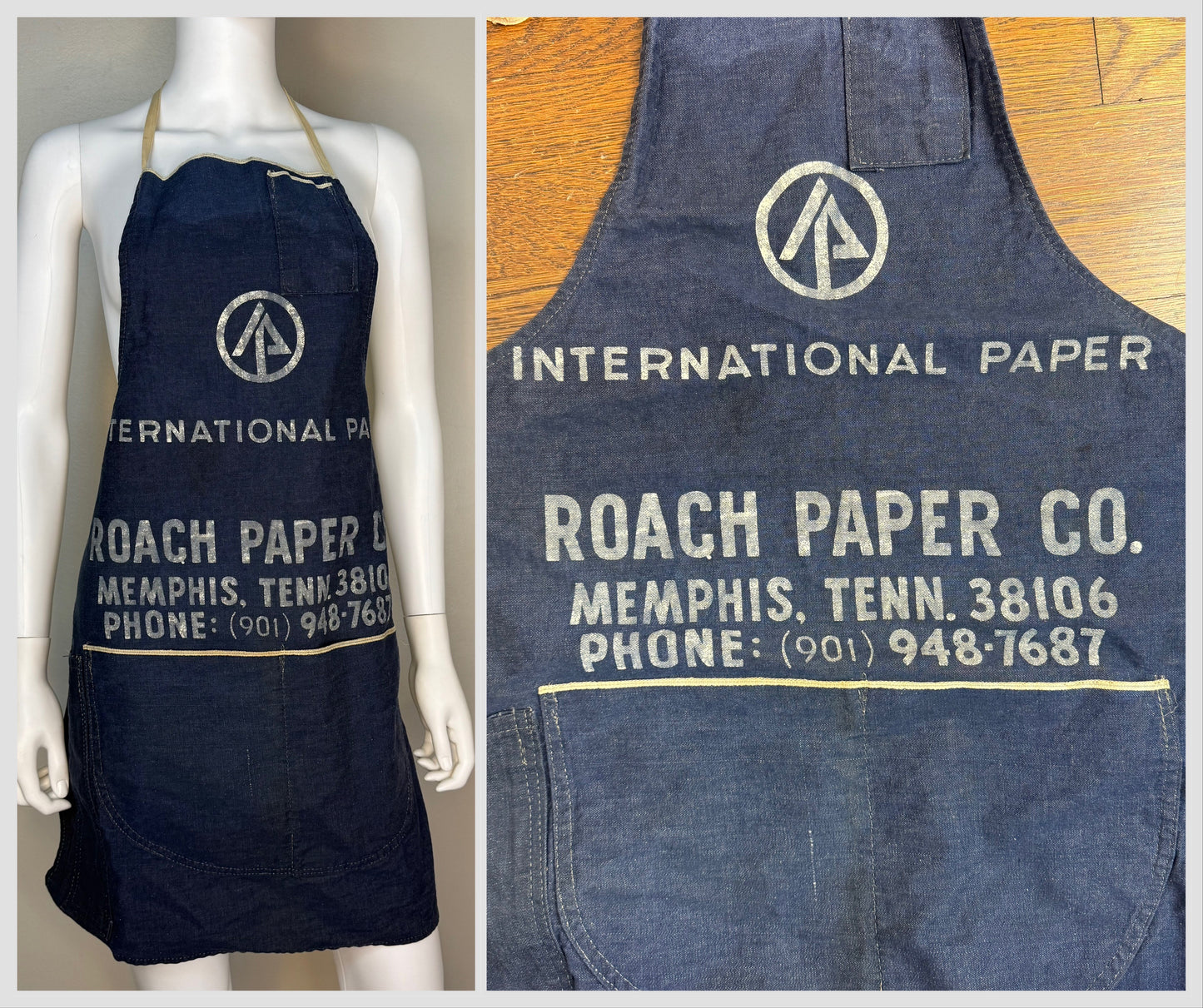1960s Selvage Denim Workwear Apron, International Paper Roach Co Memphis Tenn, Selvedge