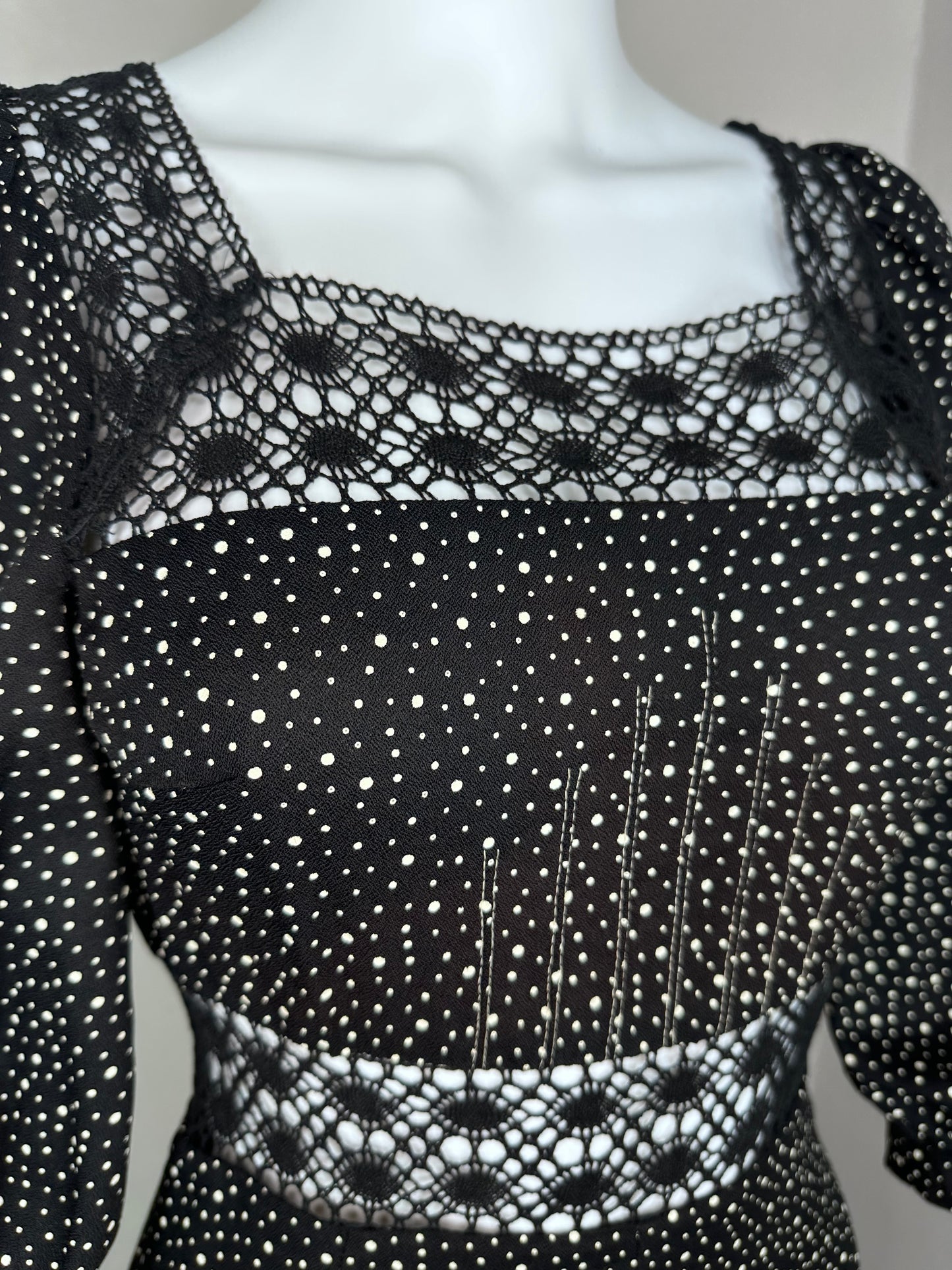 1970s Black and White Polka Dot Maxi Dress, Puszta Size XXS, Lace Cut Outs