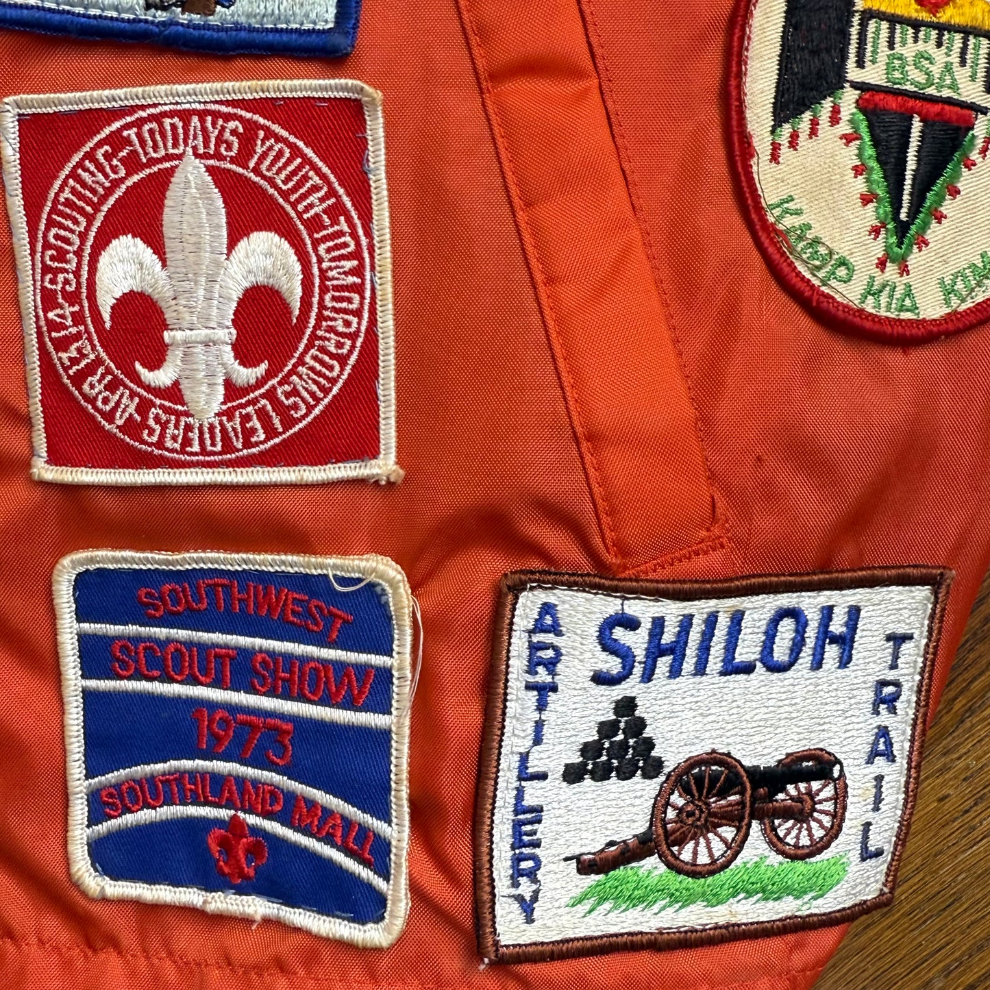 1960s Orange Nylon Jacket with 60s/70s Boy Scouts Camp Patches, Size Medium, Order of the Arrow, BSA