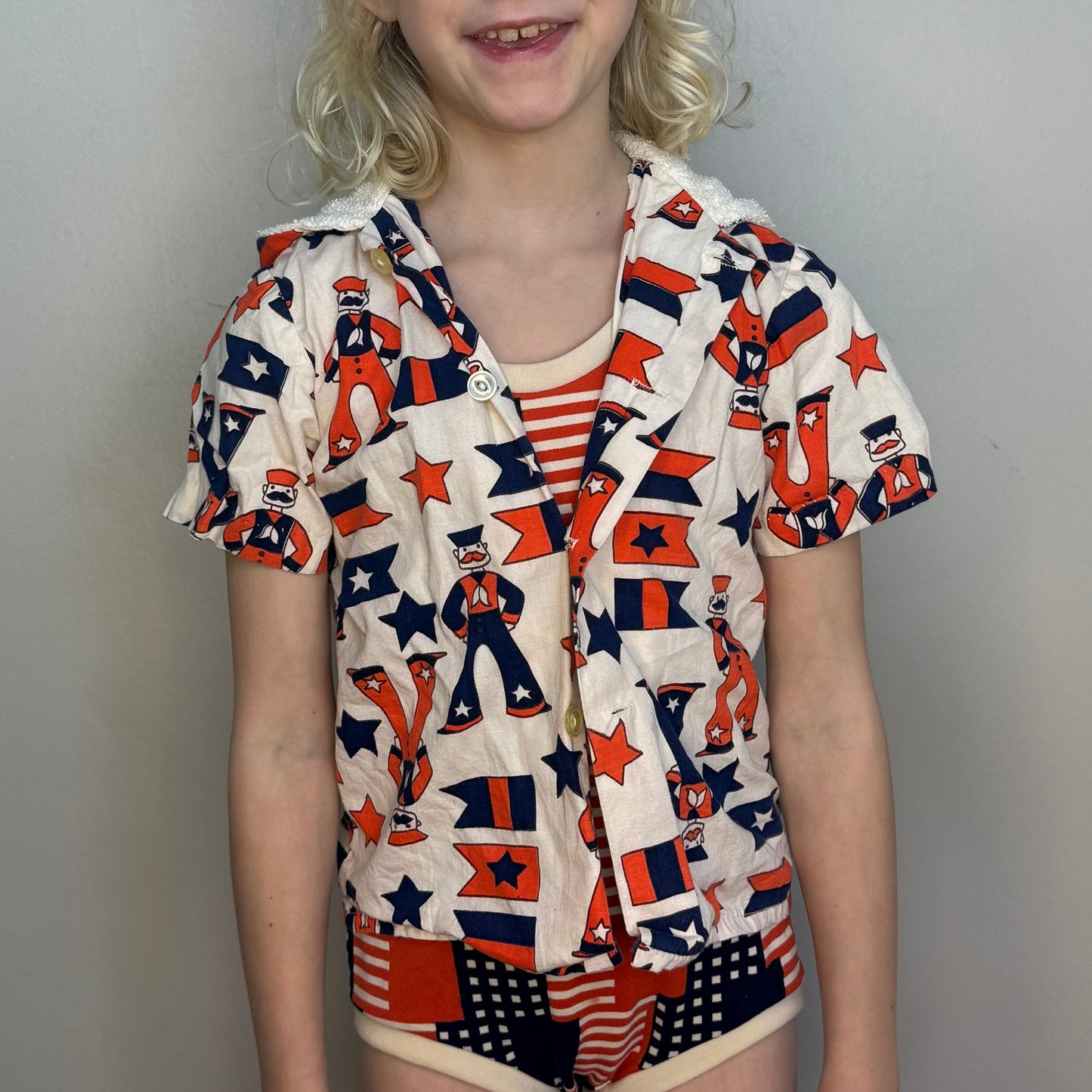 1960s/70s Kids’ Hooded Beach Shirt, Sailor Novelty Print, Sears Size 4/5