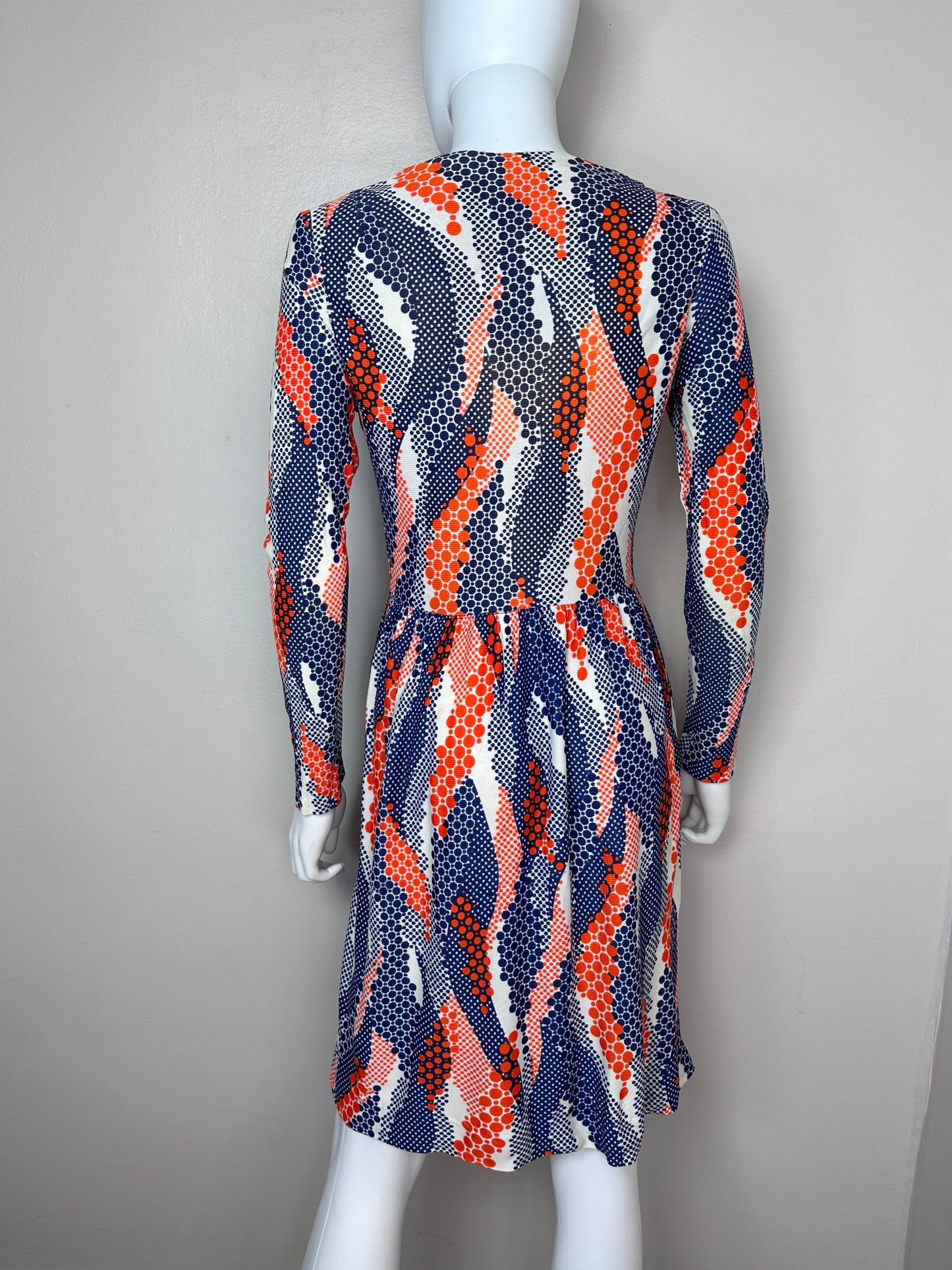 1970s Orange and Blue Psychedelic Swirl Polka Dot Dress, Size XS-Small