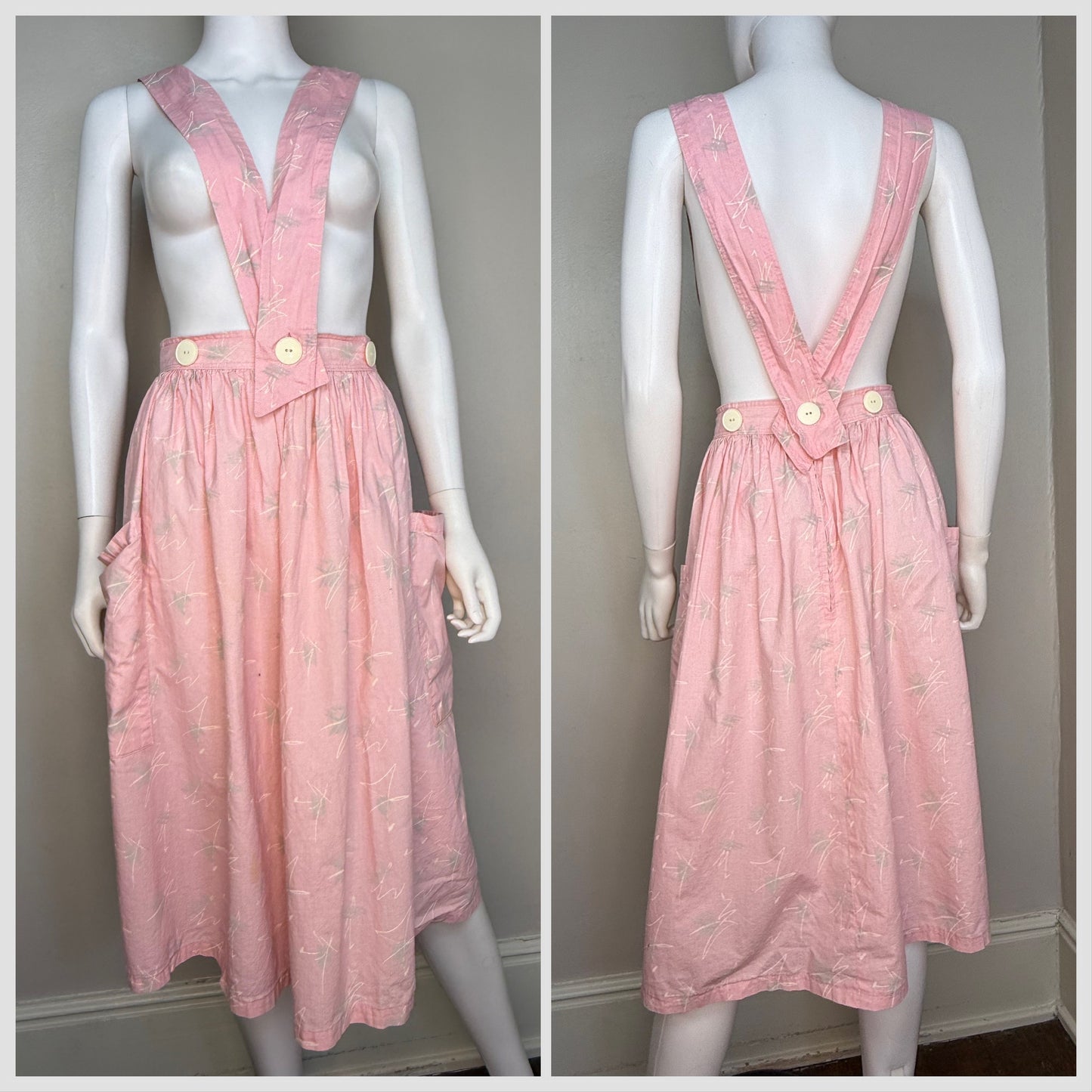 1980s Pastel Pink Abstract Geometric Skirt with Removable Suspender Straps, Scribble Art, Size Medium