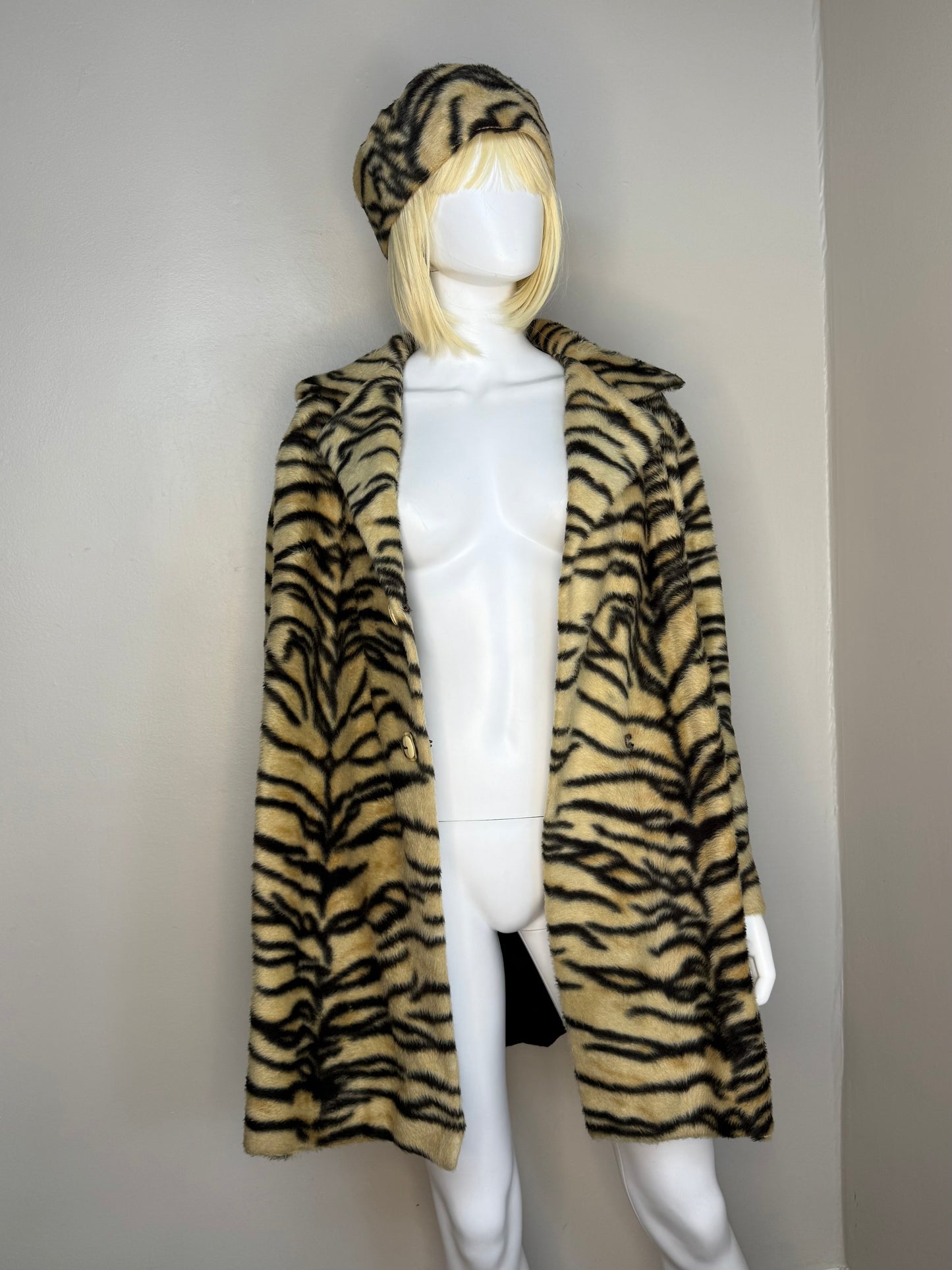 1960s Tiger Print Faux Fur Coat and Hat Set, Handmade Size Medium-Large