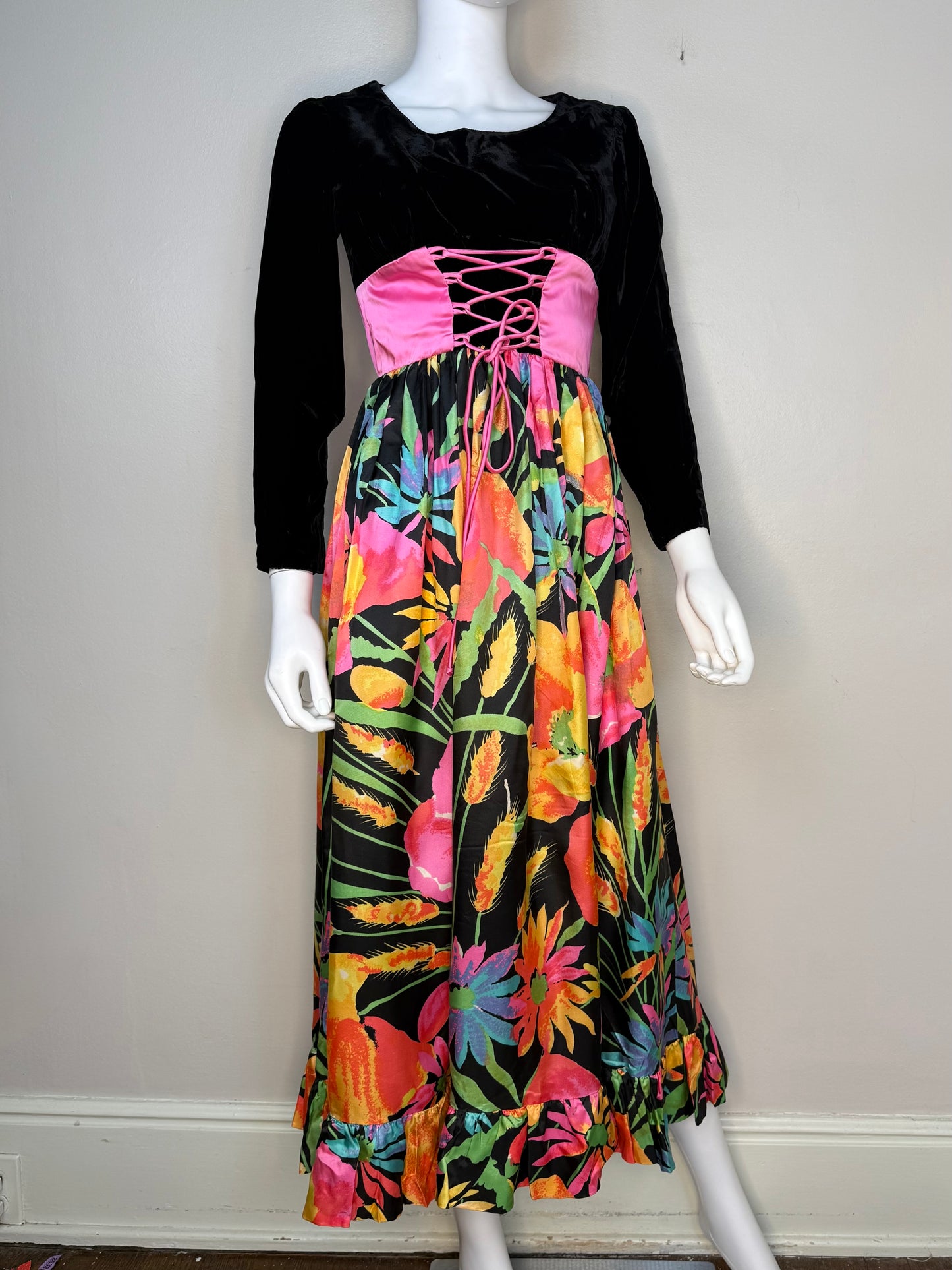 1970s Bright Psychedelic Floral Dress with Pink Corset Waist, Black Velvet Bodice, Size X-Small