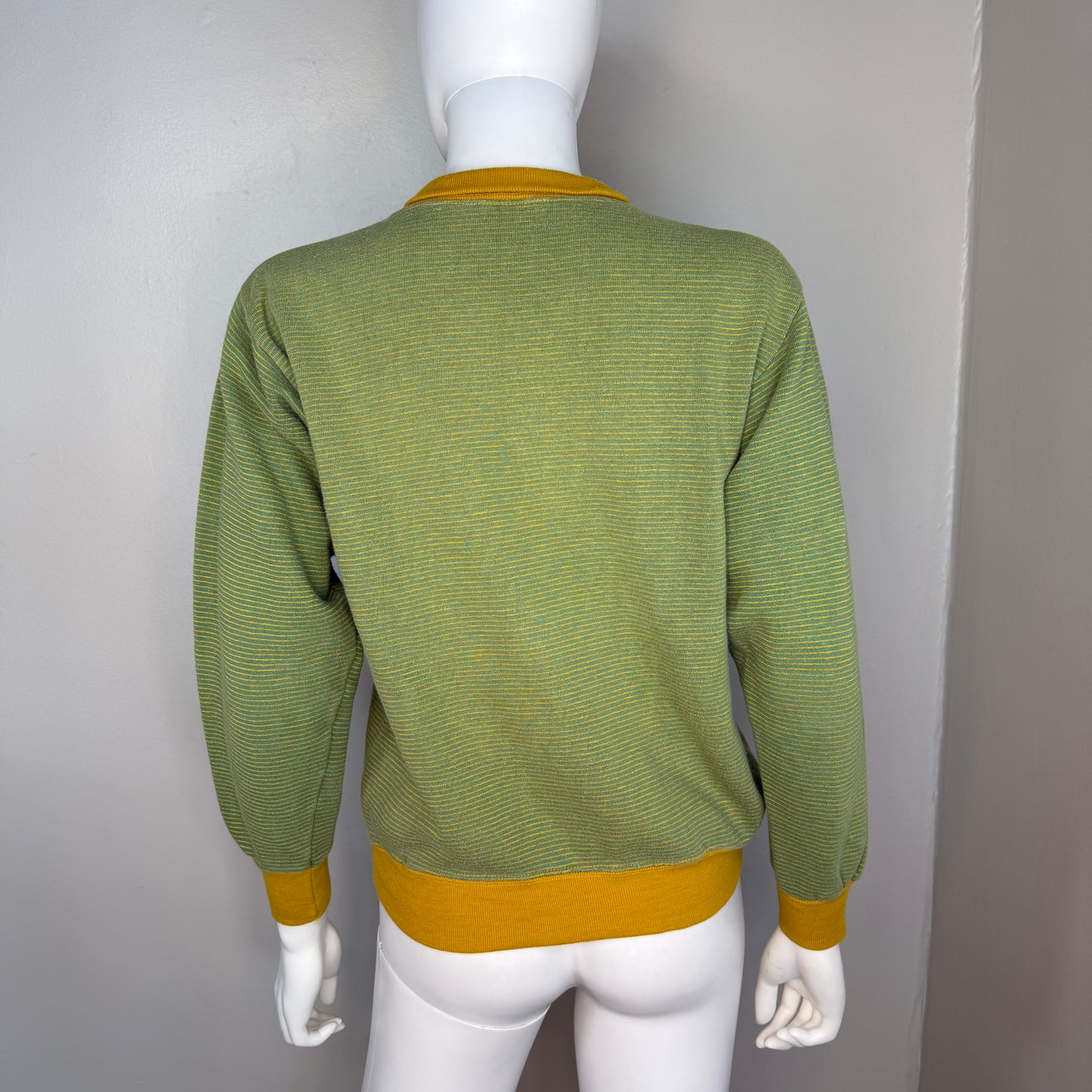 1960s Green and Yellow Micro Stripe Sweatshirt, Champion Size Medium, Running Man Tag, Mock Neck