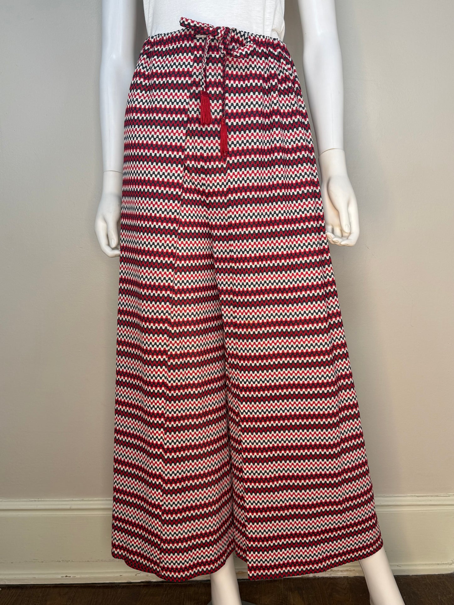 1970s Zig Zag Stripe Wrap Around Palazzo Pants, Handmade Size XS-Medium, Red White and Navy Blue
