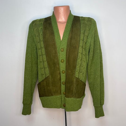 1960s Green Wool and Leather Cardigan Sweater, Sedgewick Sportswear Size Medium