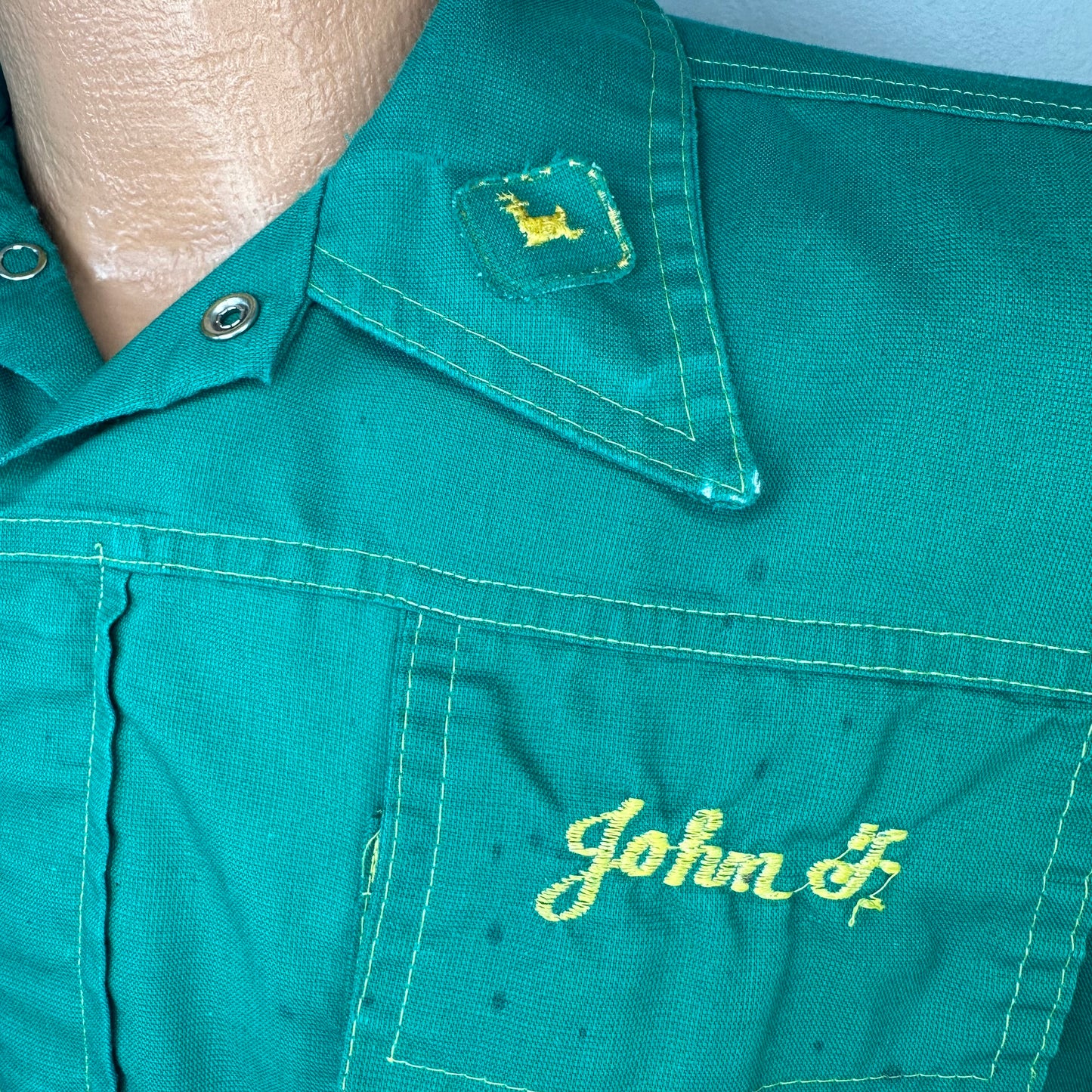 1970s Coleman Motor Co Covington John Deere Dealership Mechanic Shirt, Protexall Size Large, Green Long Sleeve, Chain Stitch Embroidery, Distressed