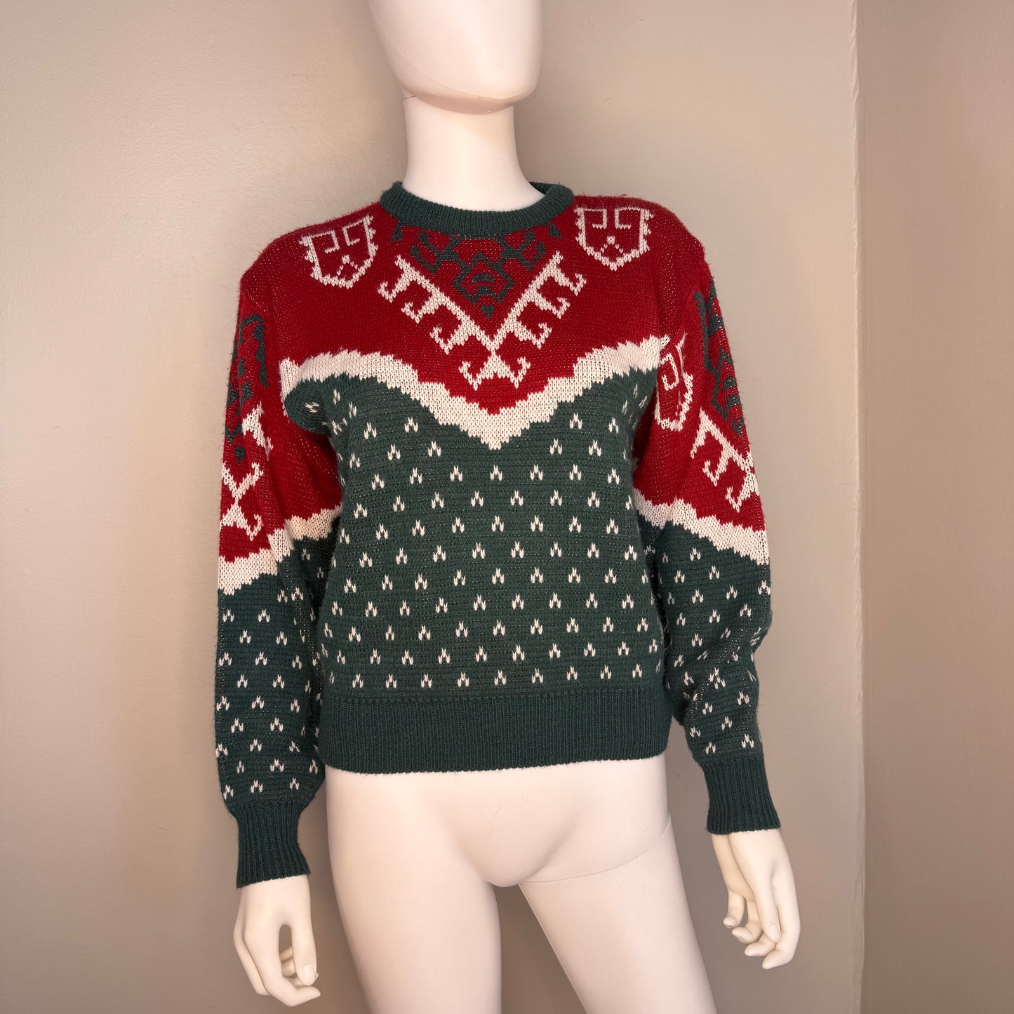 1980s Red and Green Sweater, Country Suburbans Size Medium, 40s Style