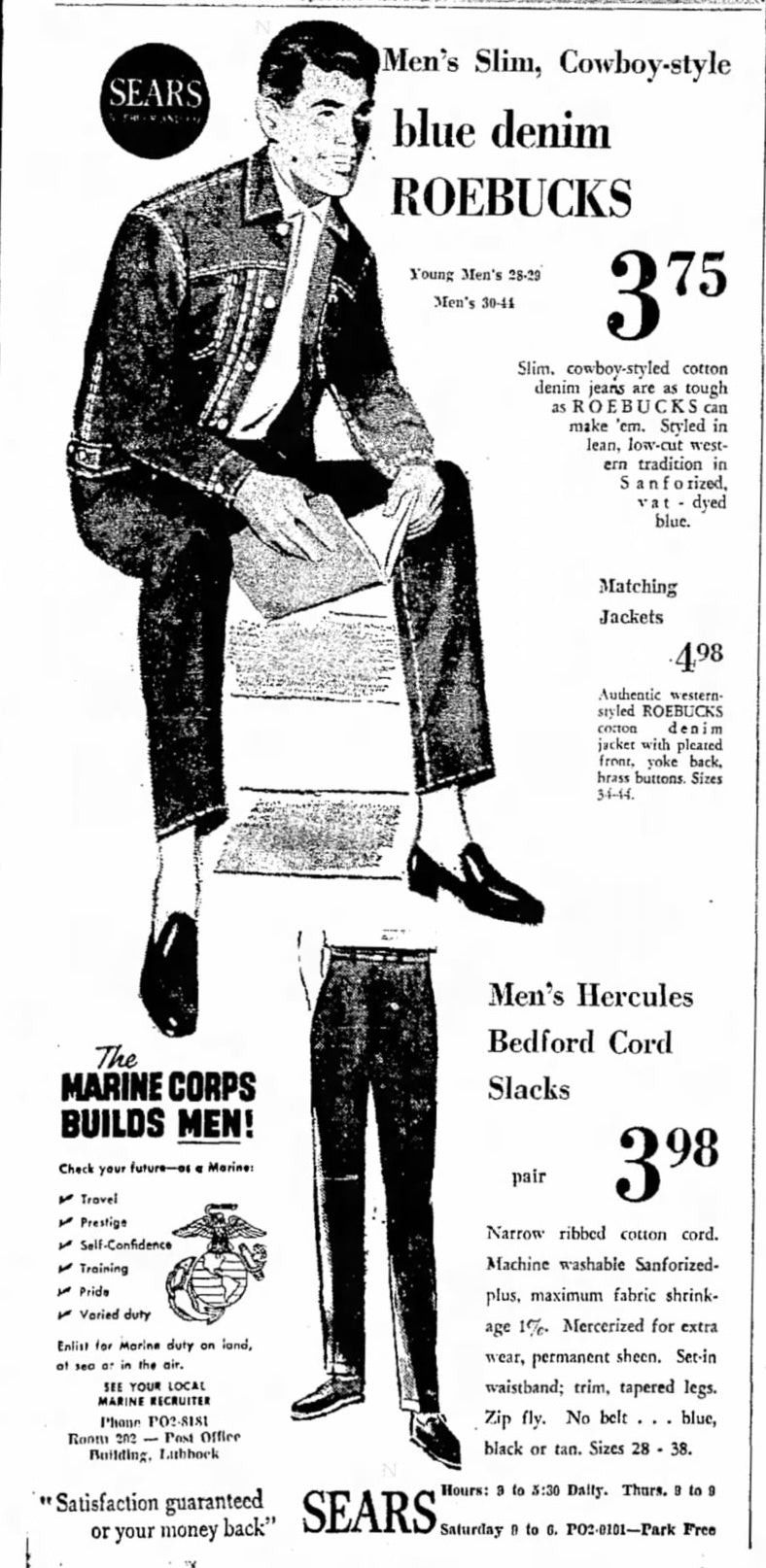 1960s Western Denim Jacket, Roebucks Sears Size Small, Front Pleats, Pocket Zippers