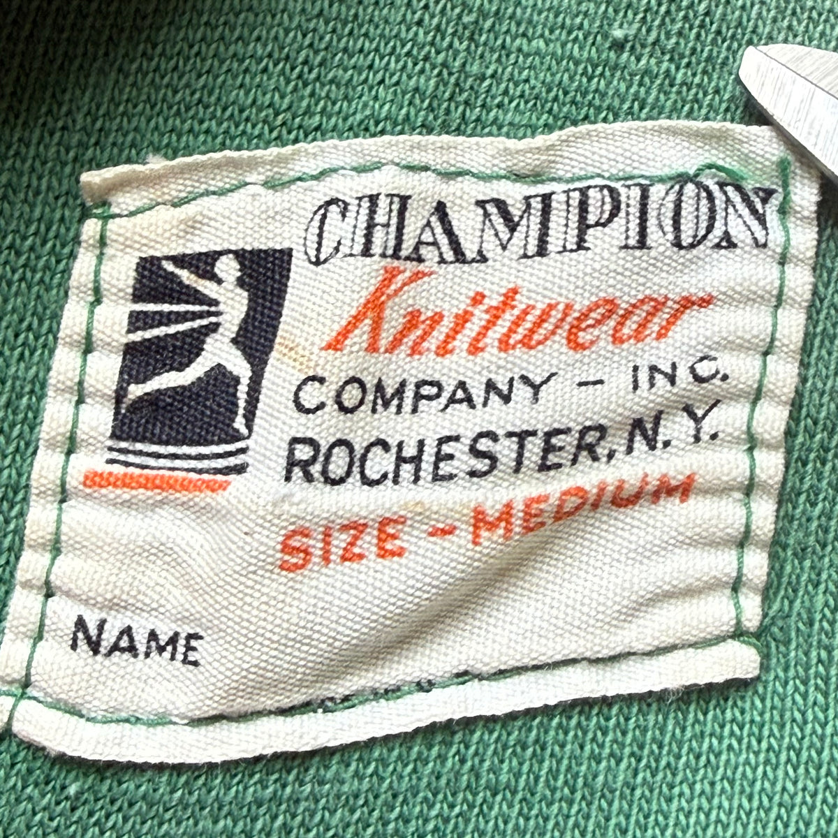 1940s Green Cotton Jersey T-Shirt, Central High Memphis AA, Champion Knitwear Company Running Man Size Medium