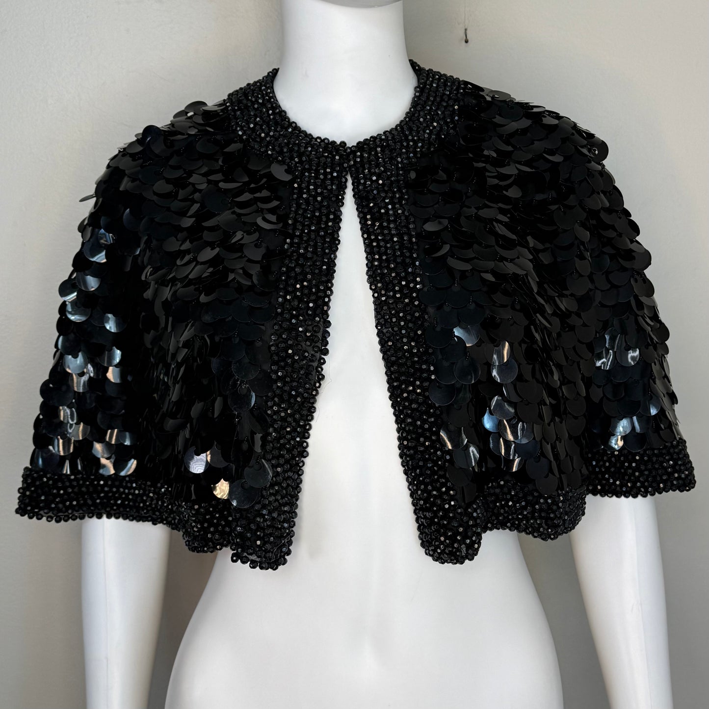 1960s Black Sequin and Beaded Cape, Silk Capelet, Size Small