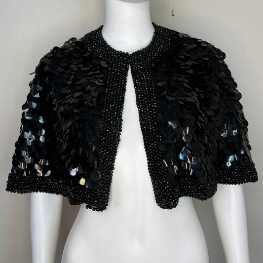 1960s Black Sequin and Beaded Cape, Silk Capelet, Size Small