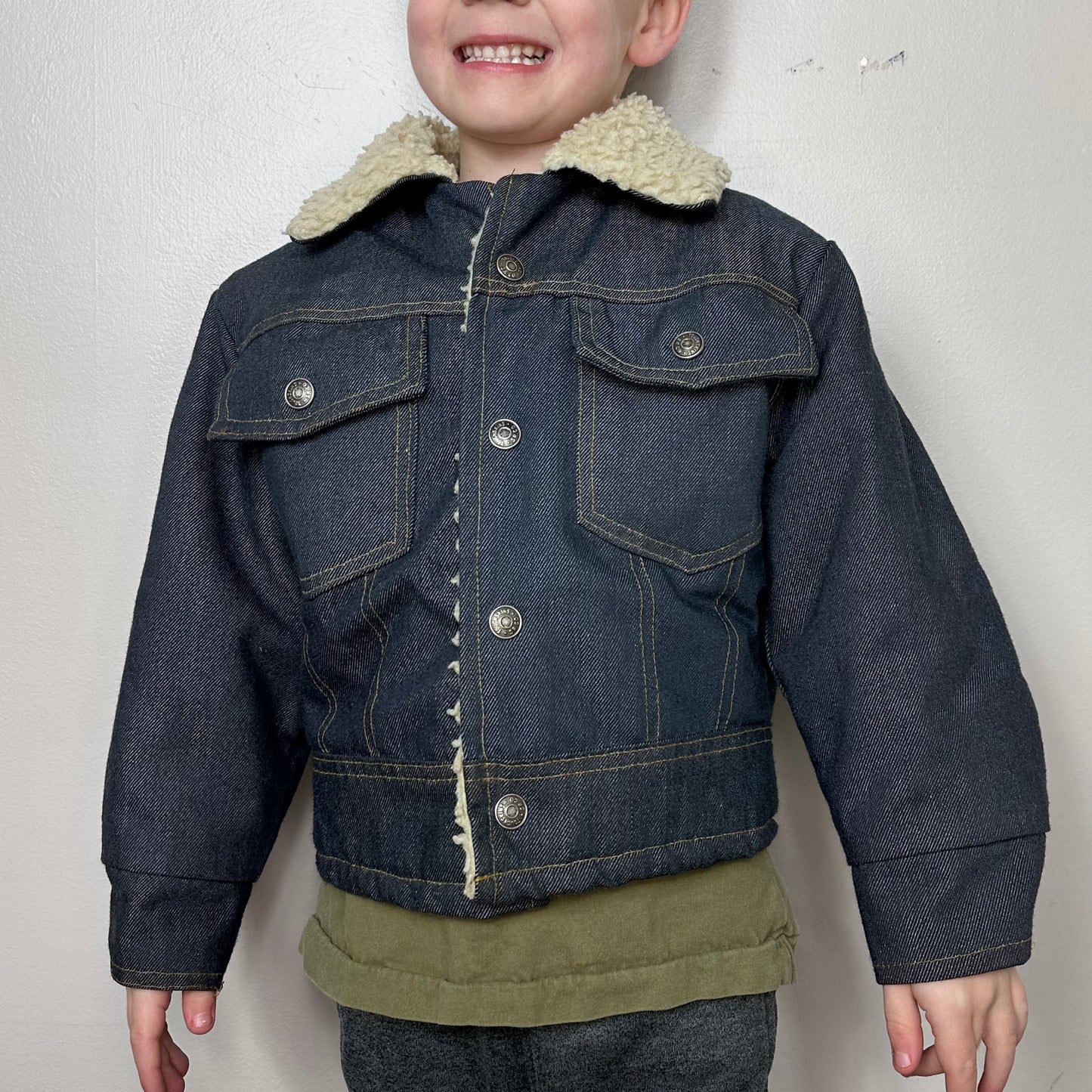 1970s Kids Sherpa Lined Denim Jacket, Sears Toughskins Size 6/7