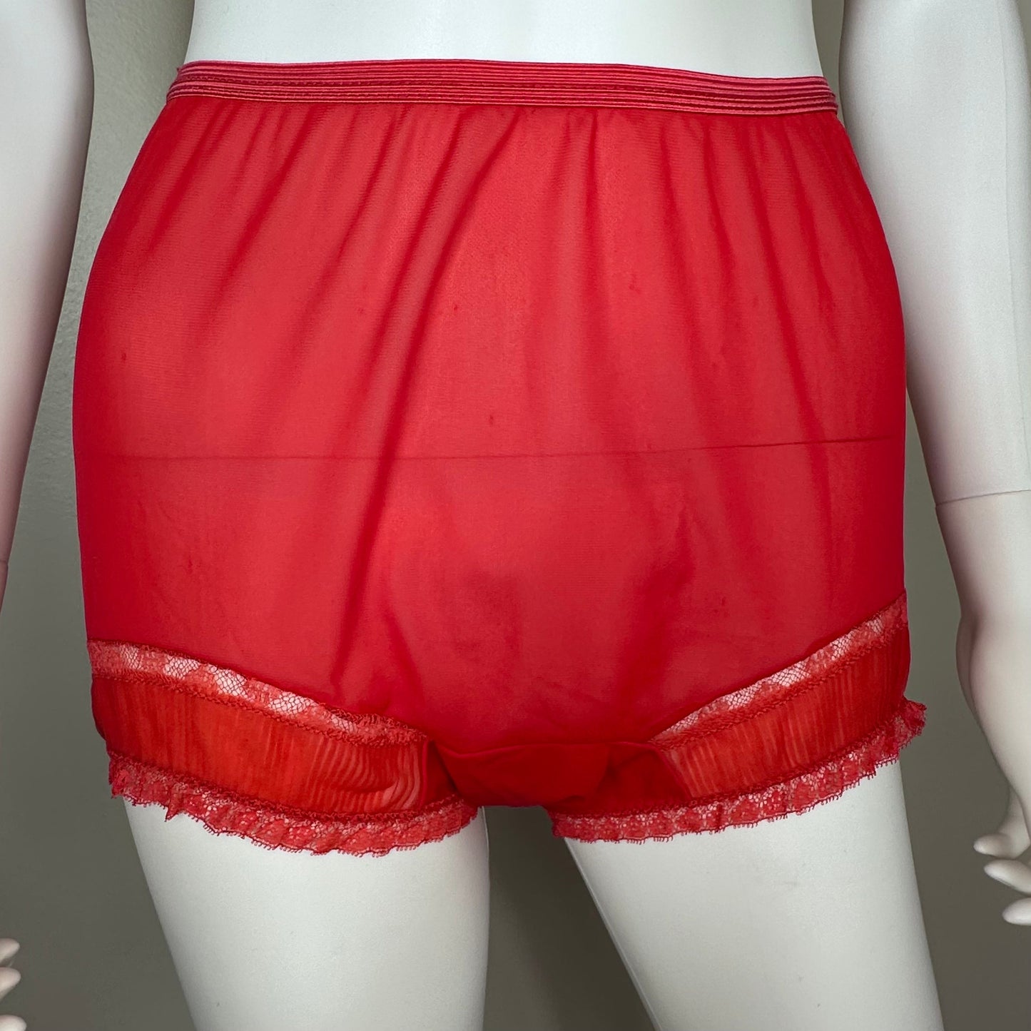 1950s Red Nylon High Waisted Panties with Knife Pleat Inserts, Styled by Gilbreath Size 9, Mushroom Gusset